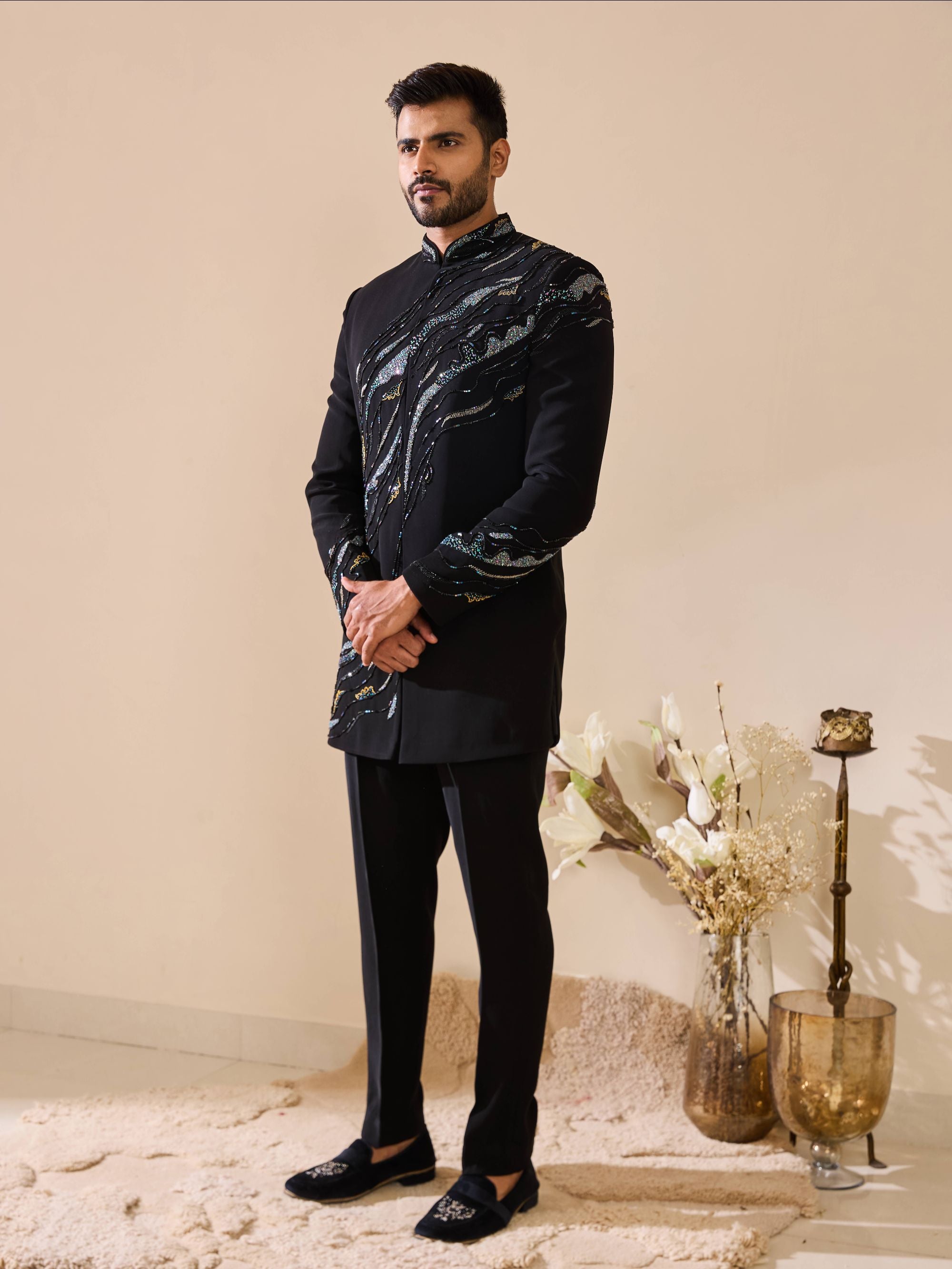 Grey Hand-Embroidered  Indo-Western