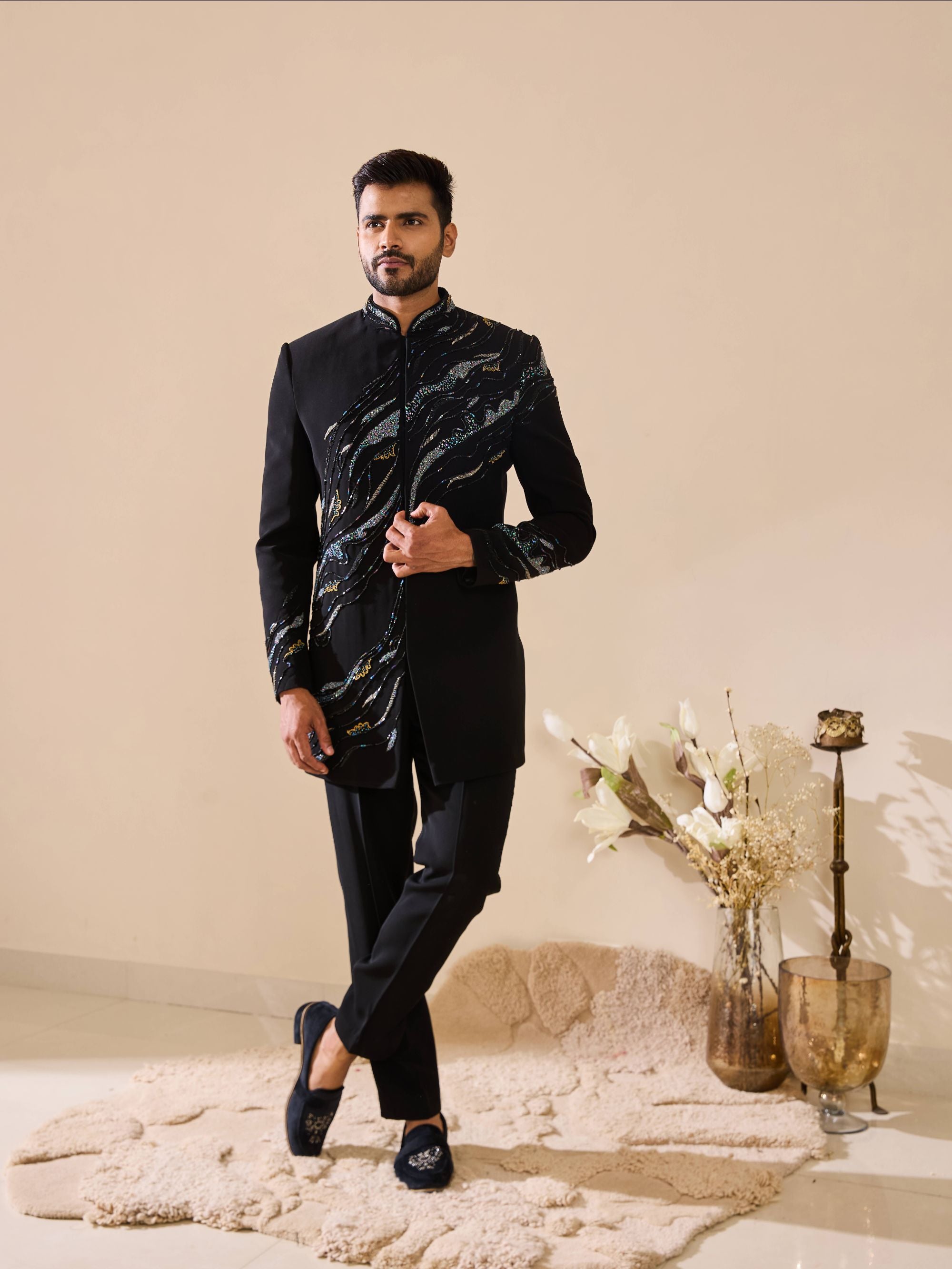 Grey Hand-Embroidered  Indo-Western