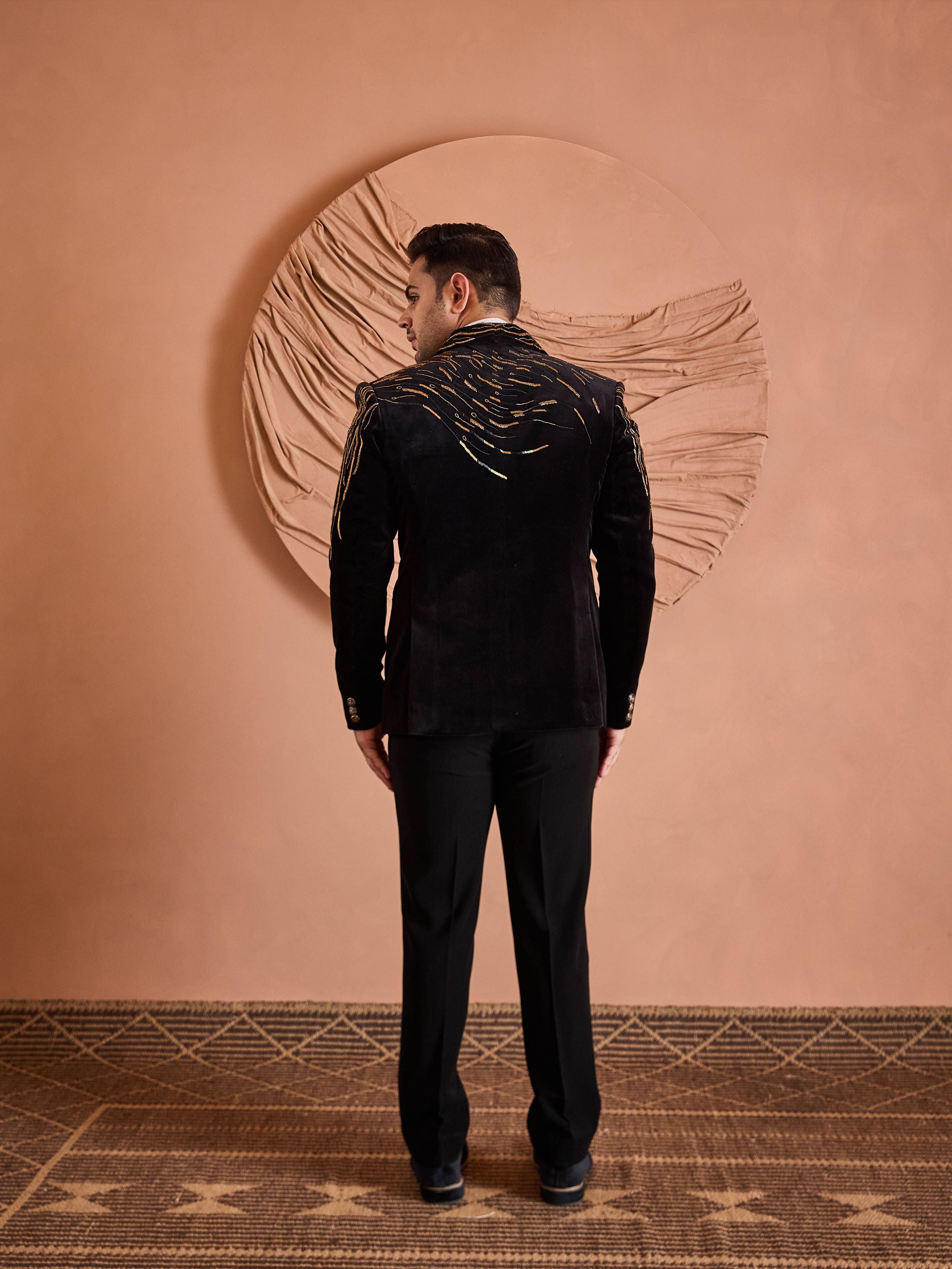 Black Cutdana Embroidery Tuxedo Set