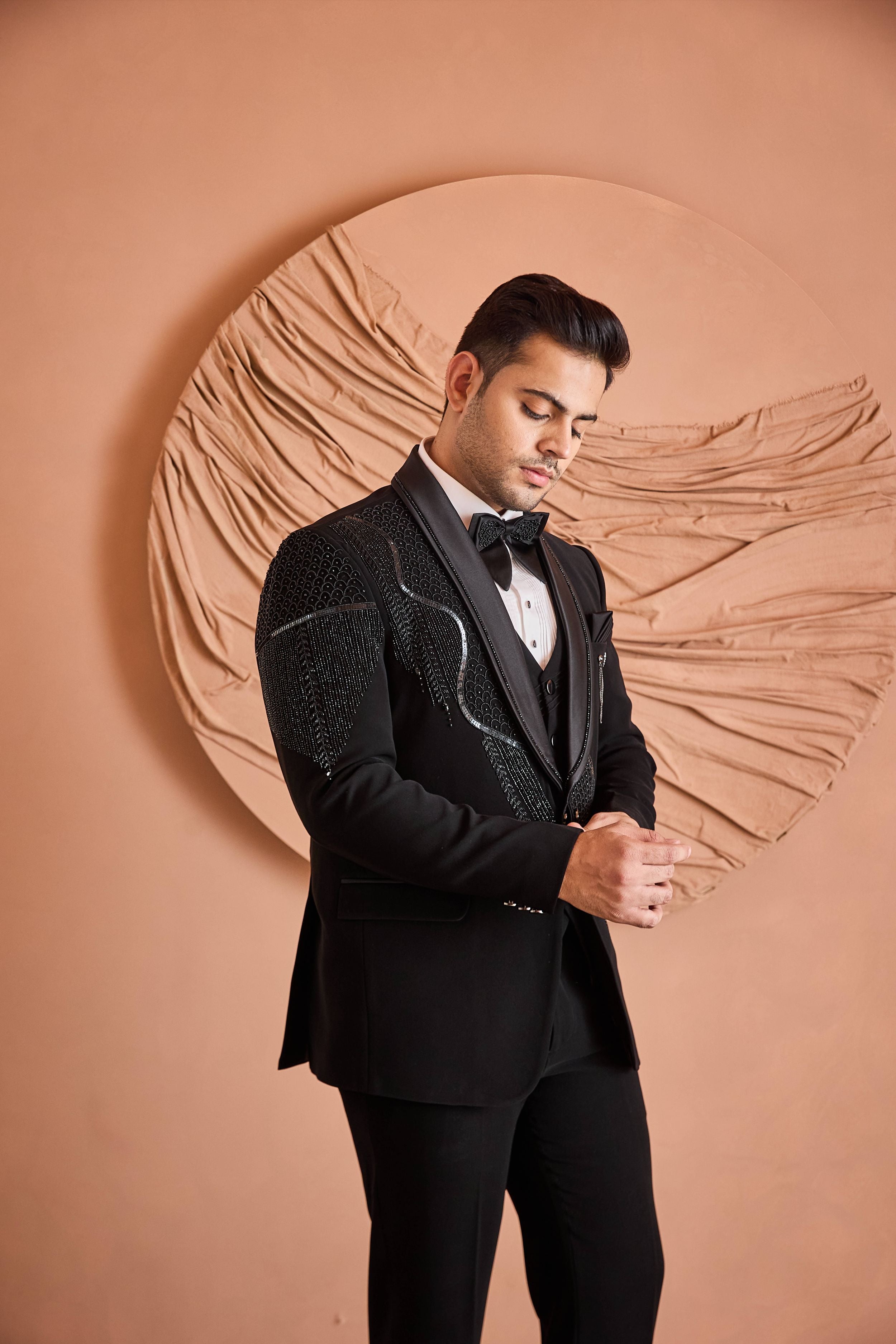 Black Beads Embroidery Tuxedo Set