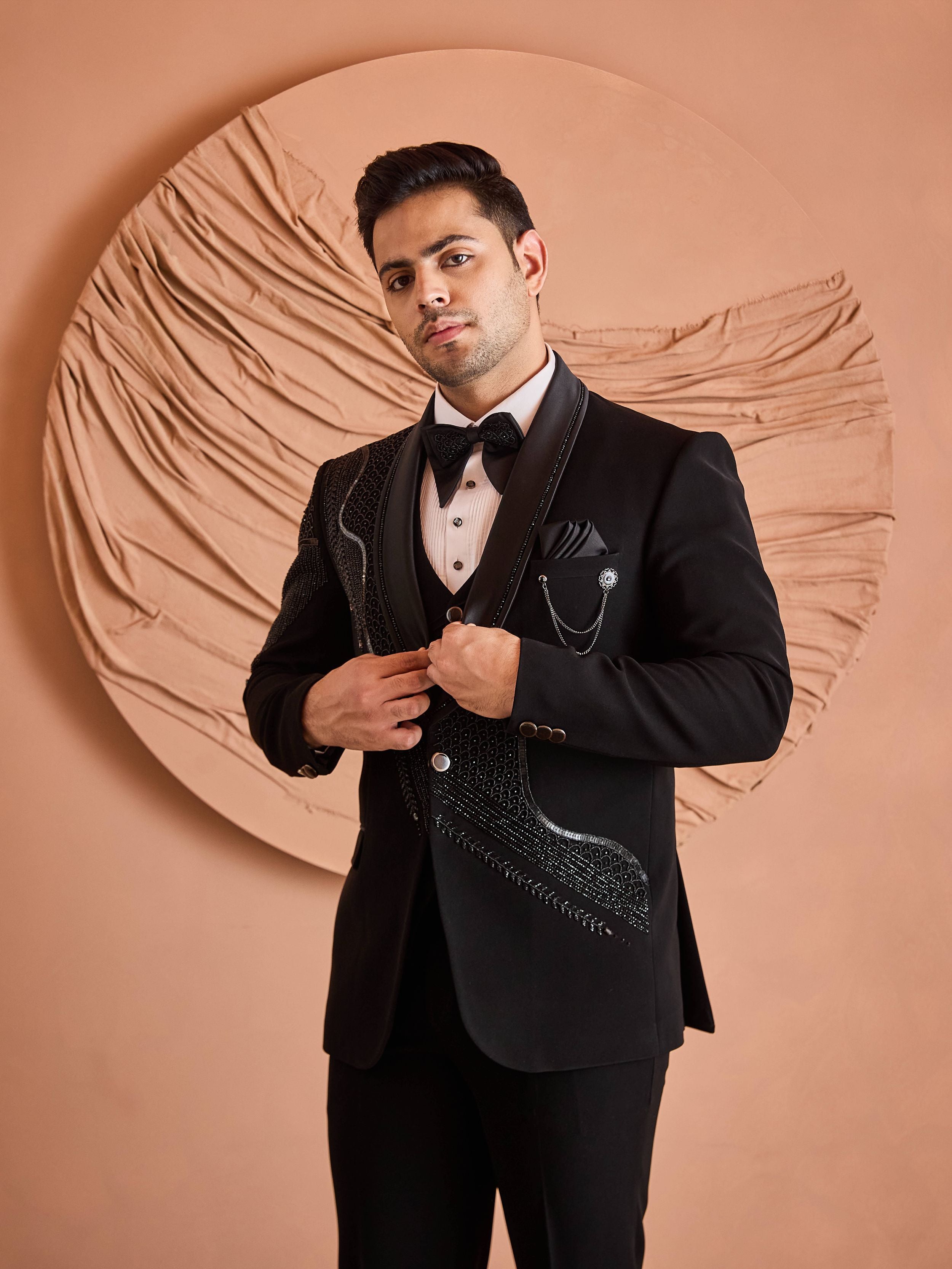 Black Beads Embroidery Tuxedo Set