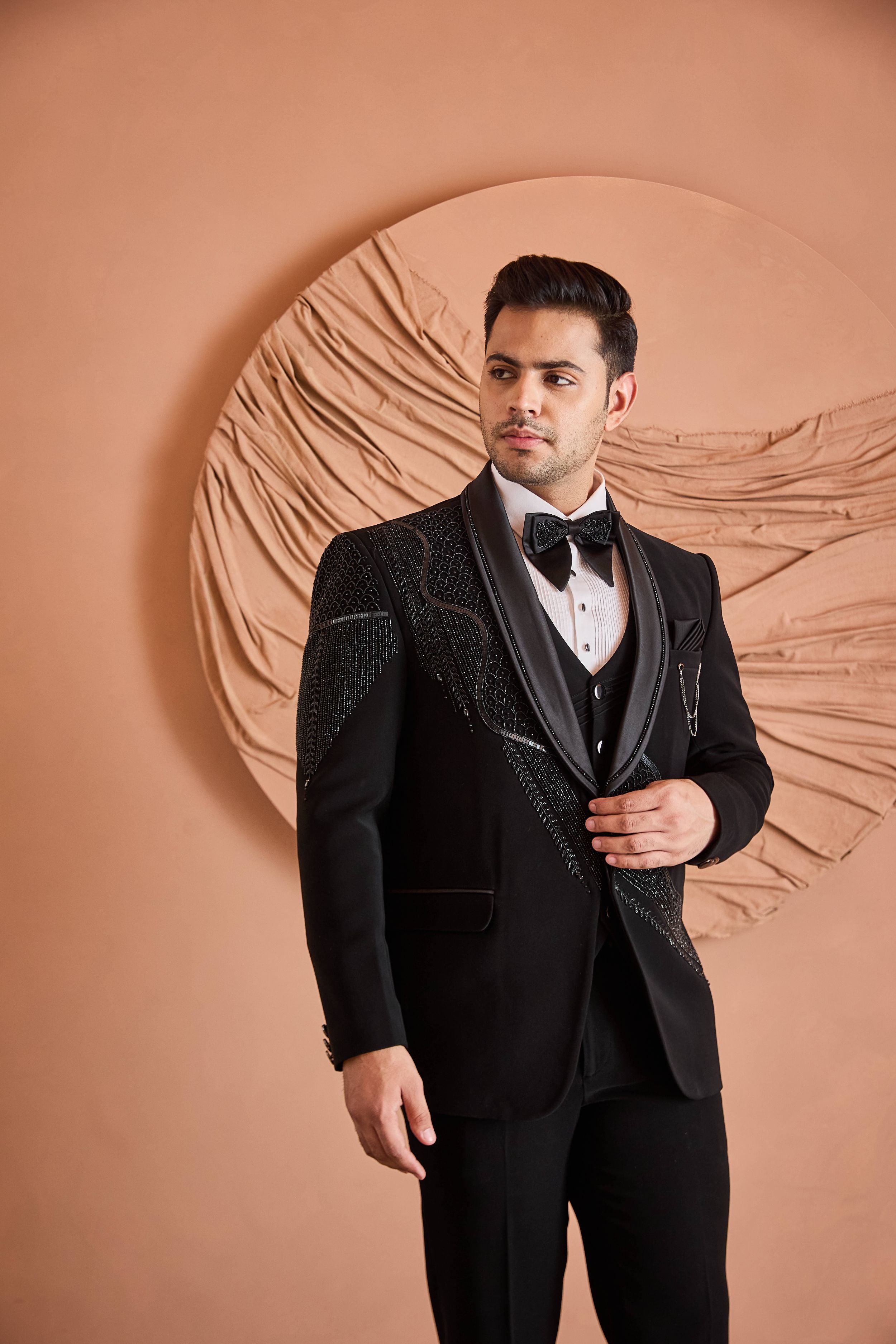 Black Beads Embroidery Tuxedo Set