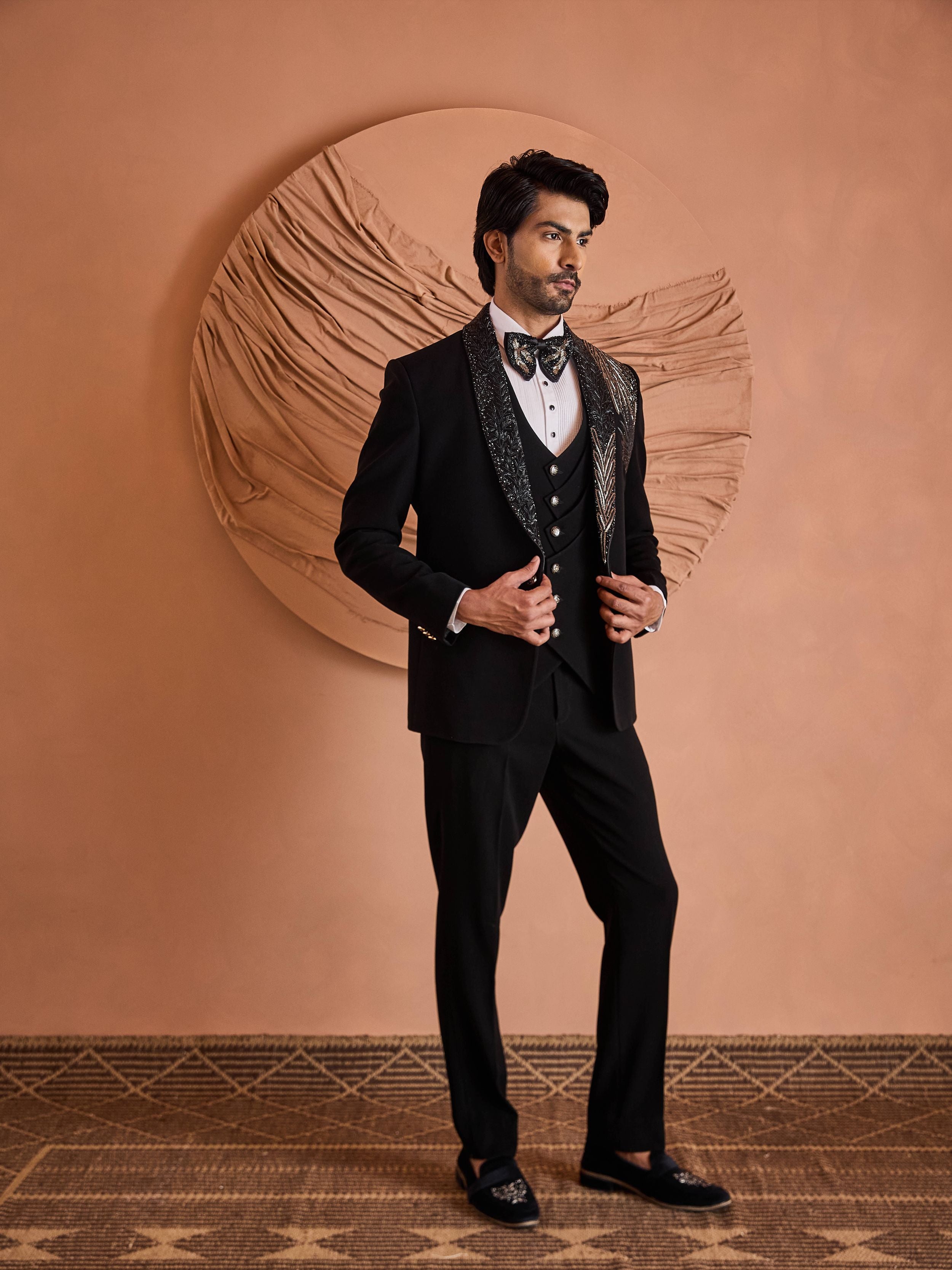 Black Cutdana And Beads Embroidery Tuxedo Set