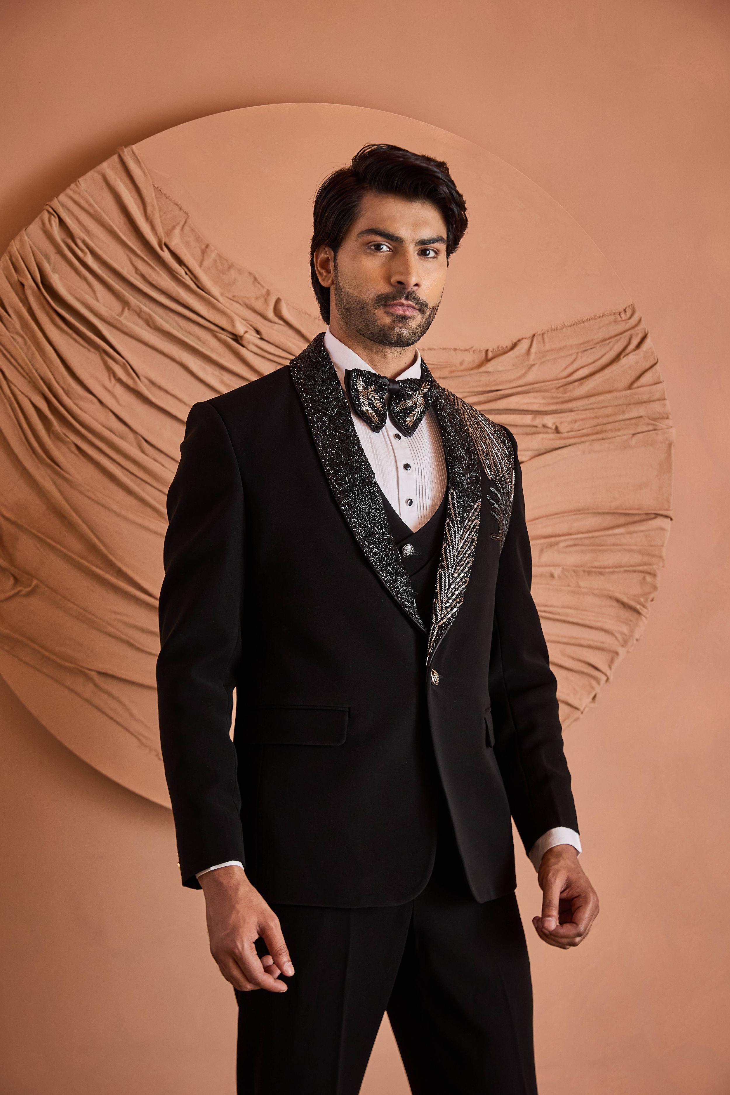 Black Cutdana And Beads Embroidery Tuxedo Set