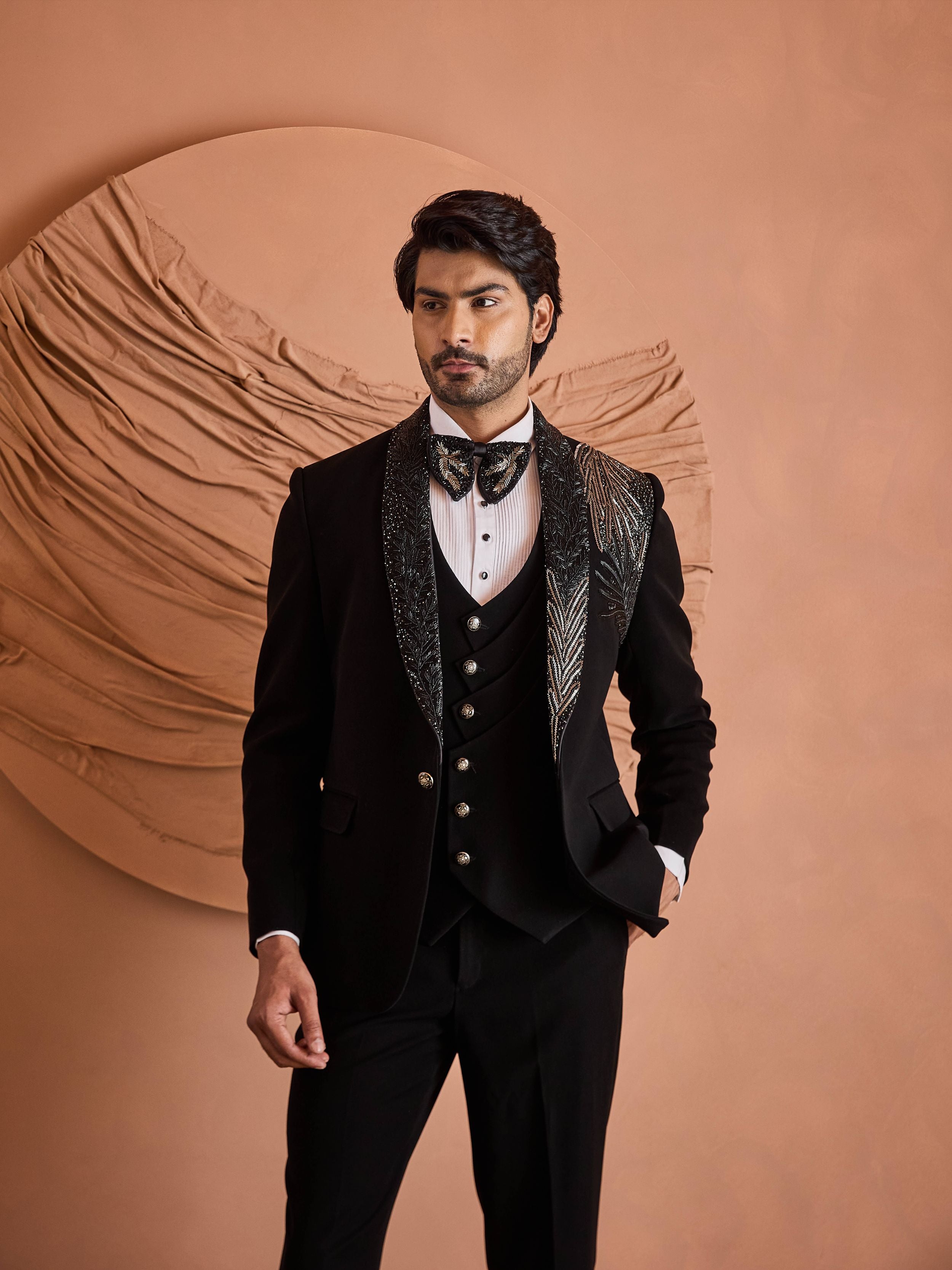 Black Cutdana And Beads Embroidery Tuxedo Set