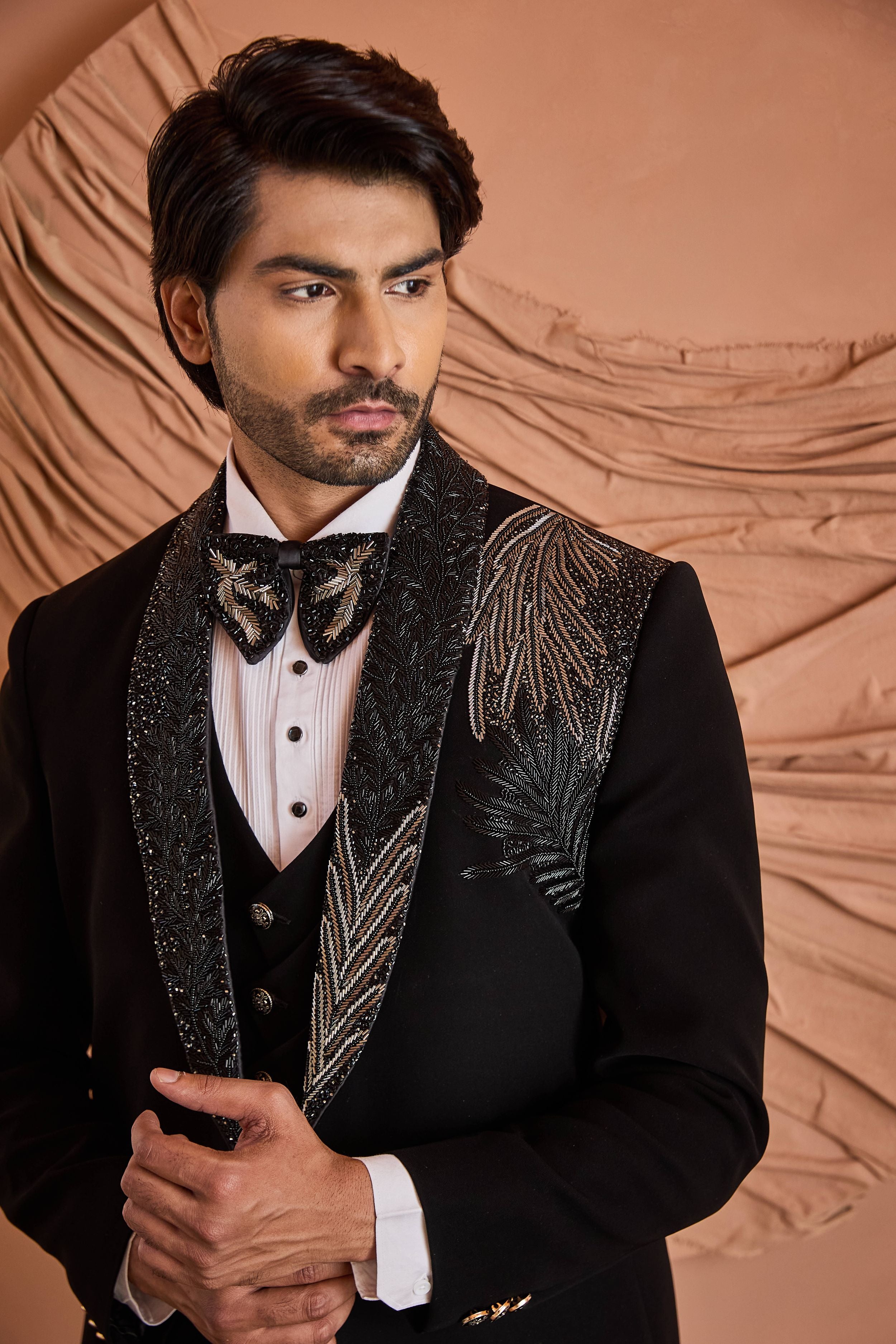 Black Cutdana And Beads Embroidery Tuxedo Set