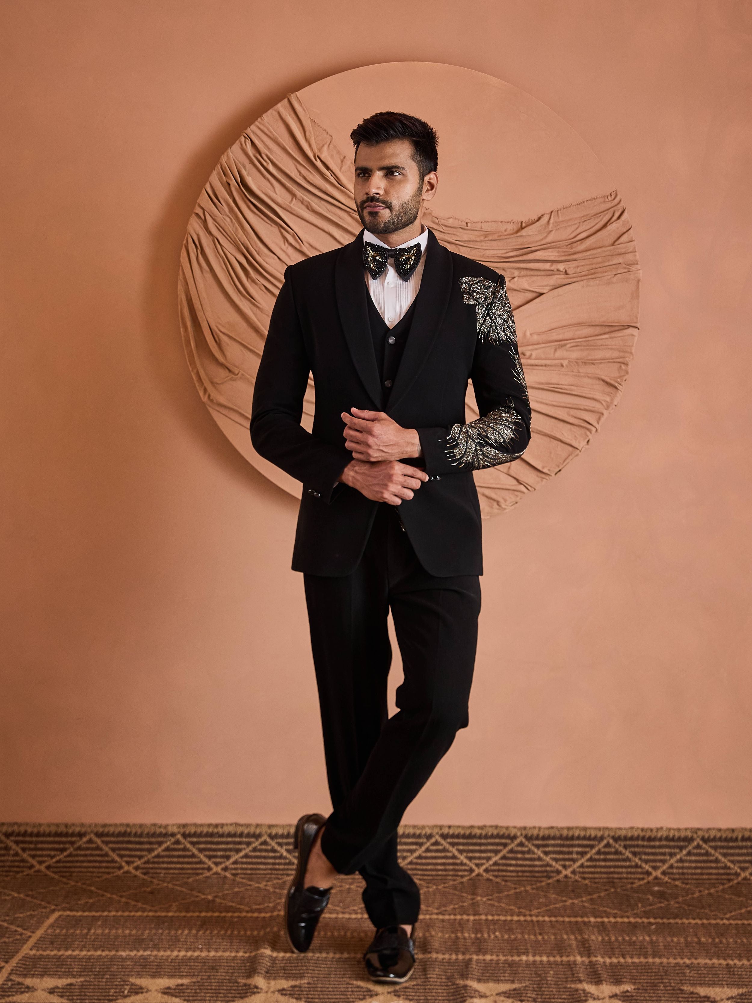 Black Cutdana And Beads Embroidery Tuxedo Set