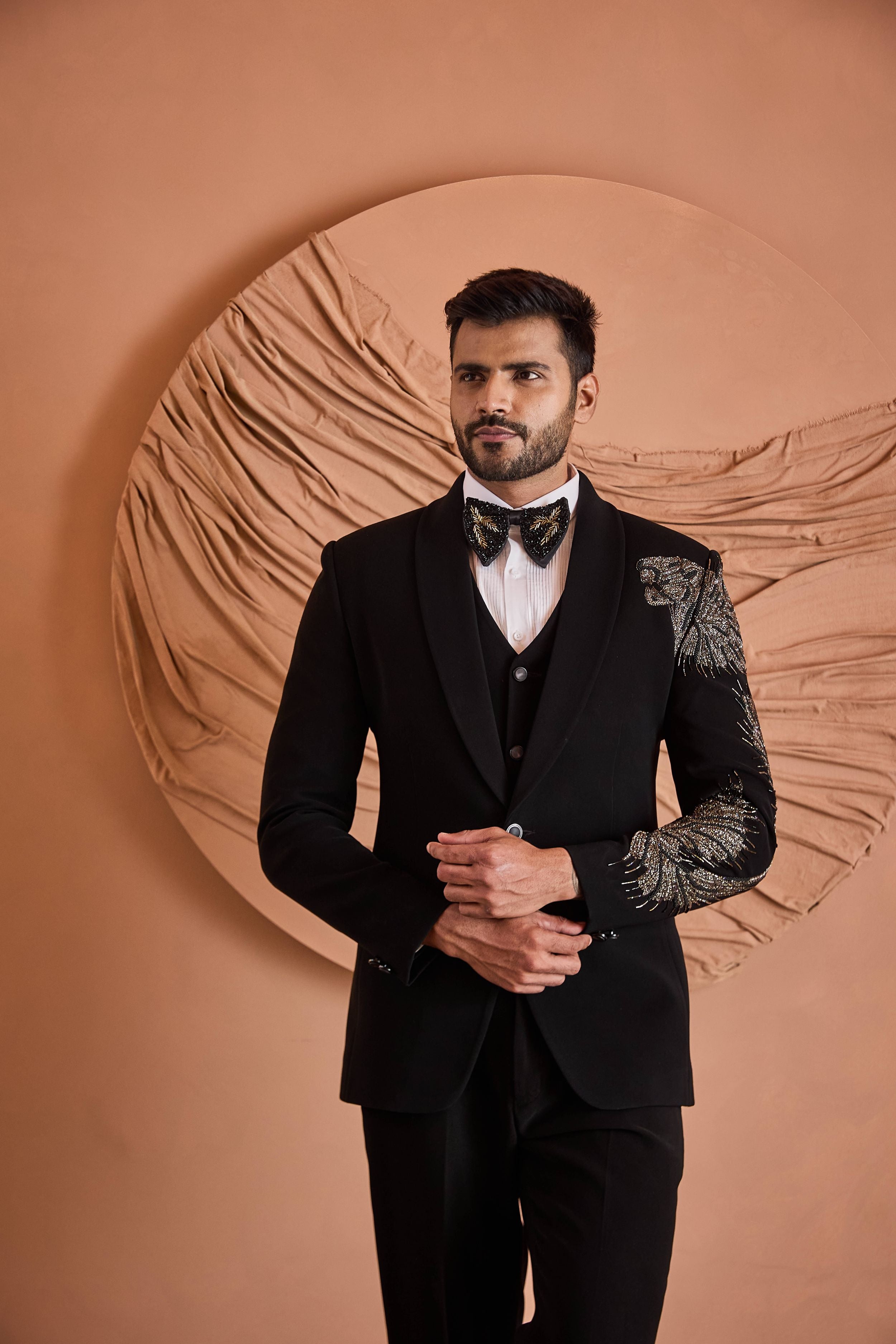 Black Cutdana And Beads Embroidery Tuxedo Set