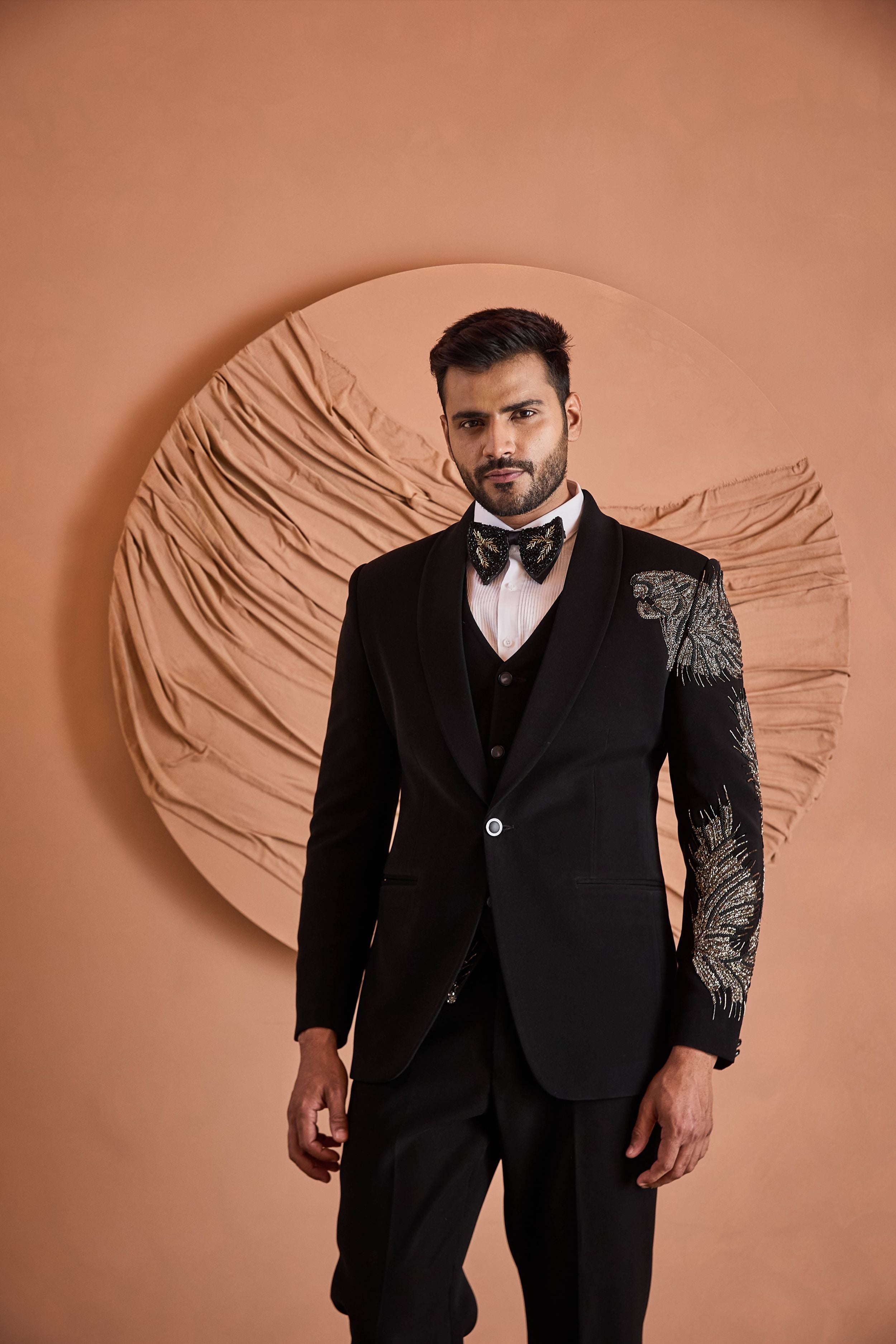 Black Cutdana And Beads Embroidery Tuxedo Set