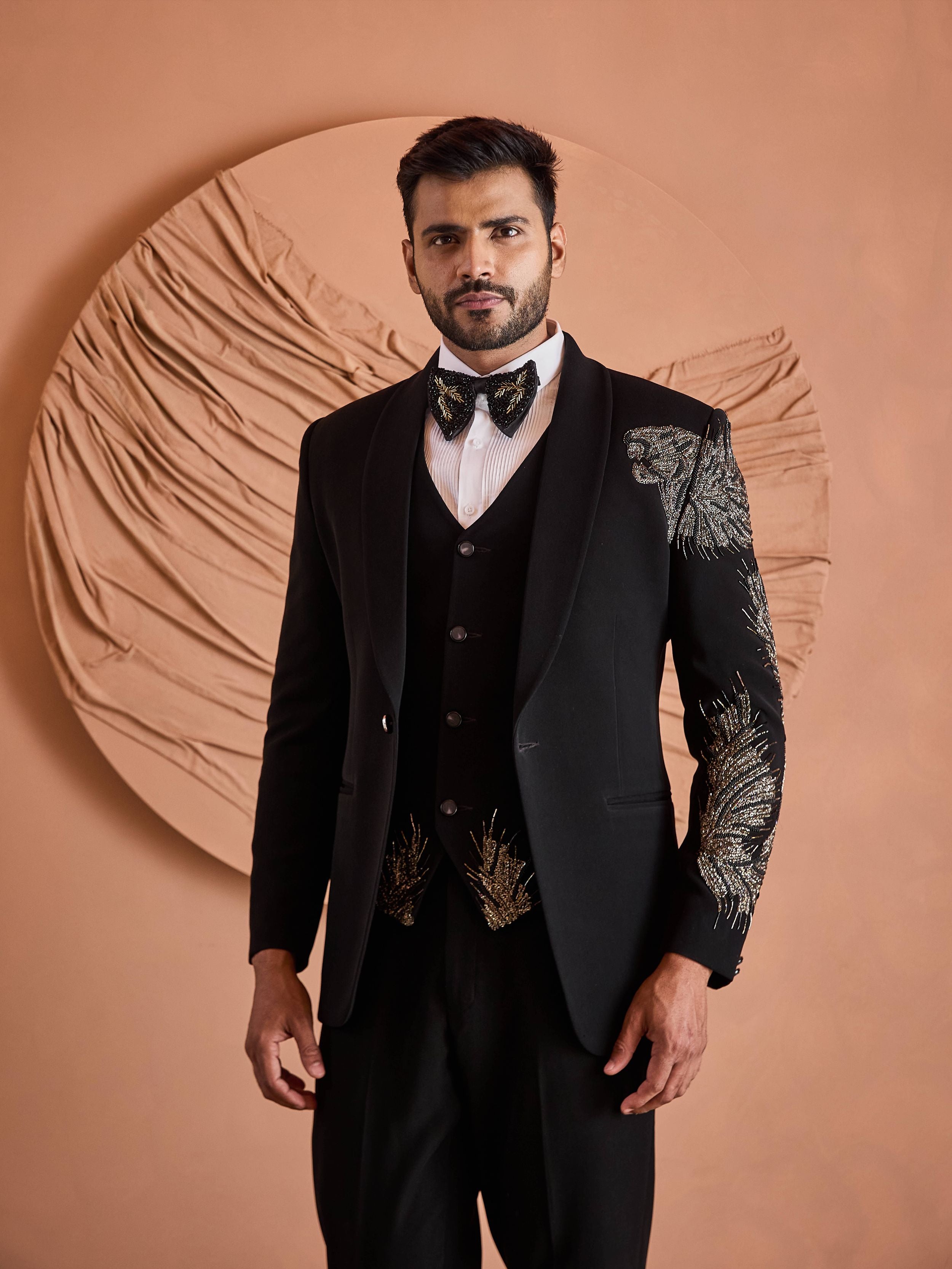 Black Cutdana And Beads Embroidery Tuxedo Set