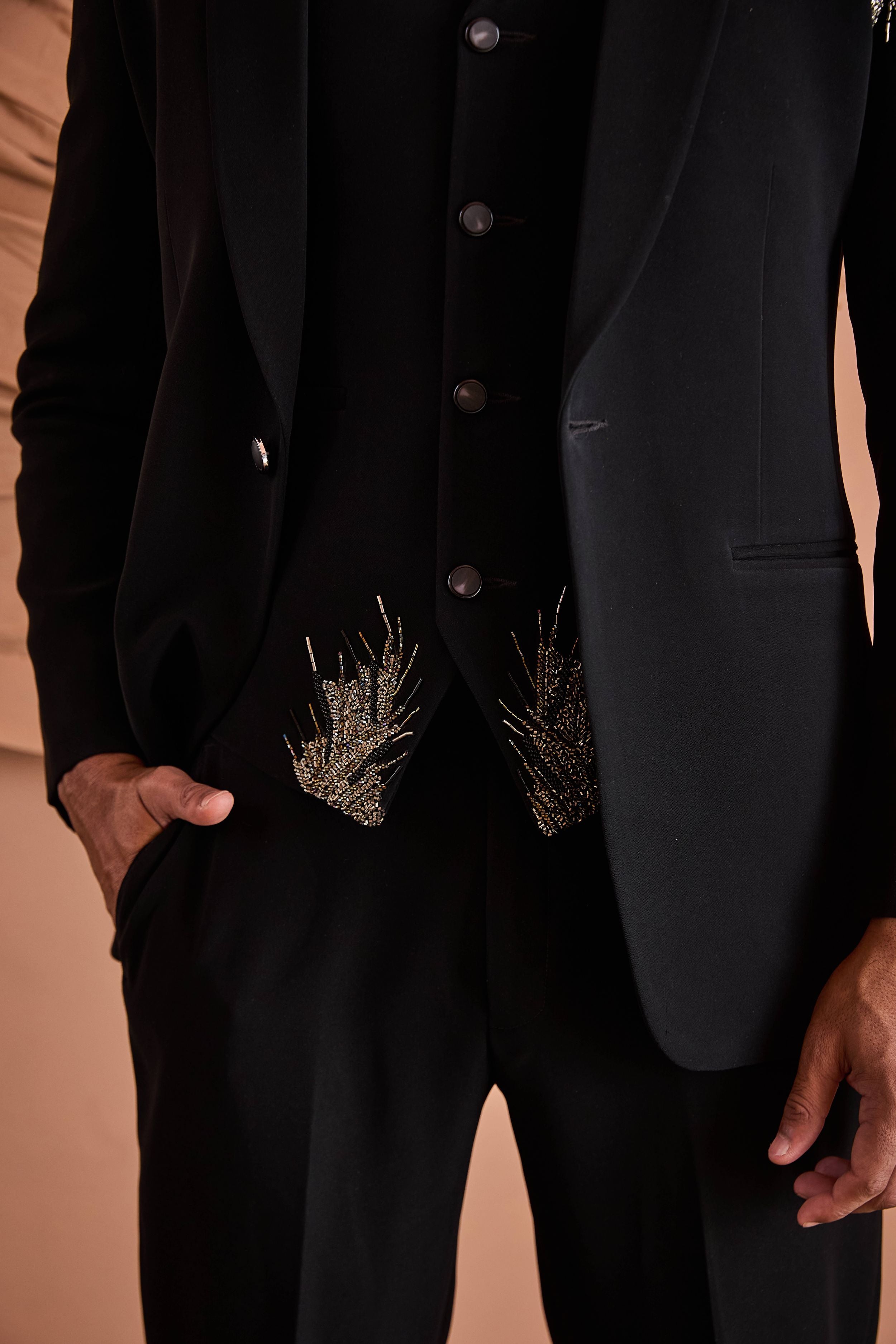 Black Cutdana And Beads Embroidery Tuxedo Set