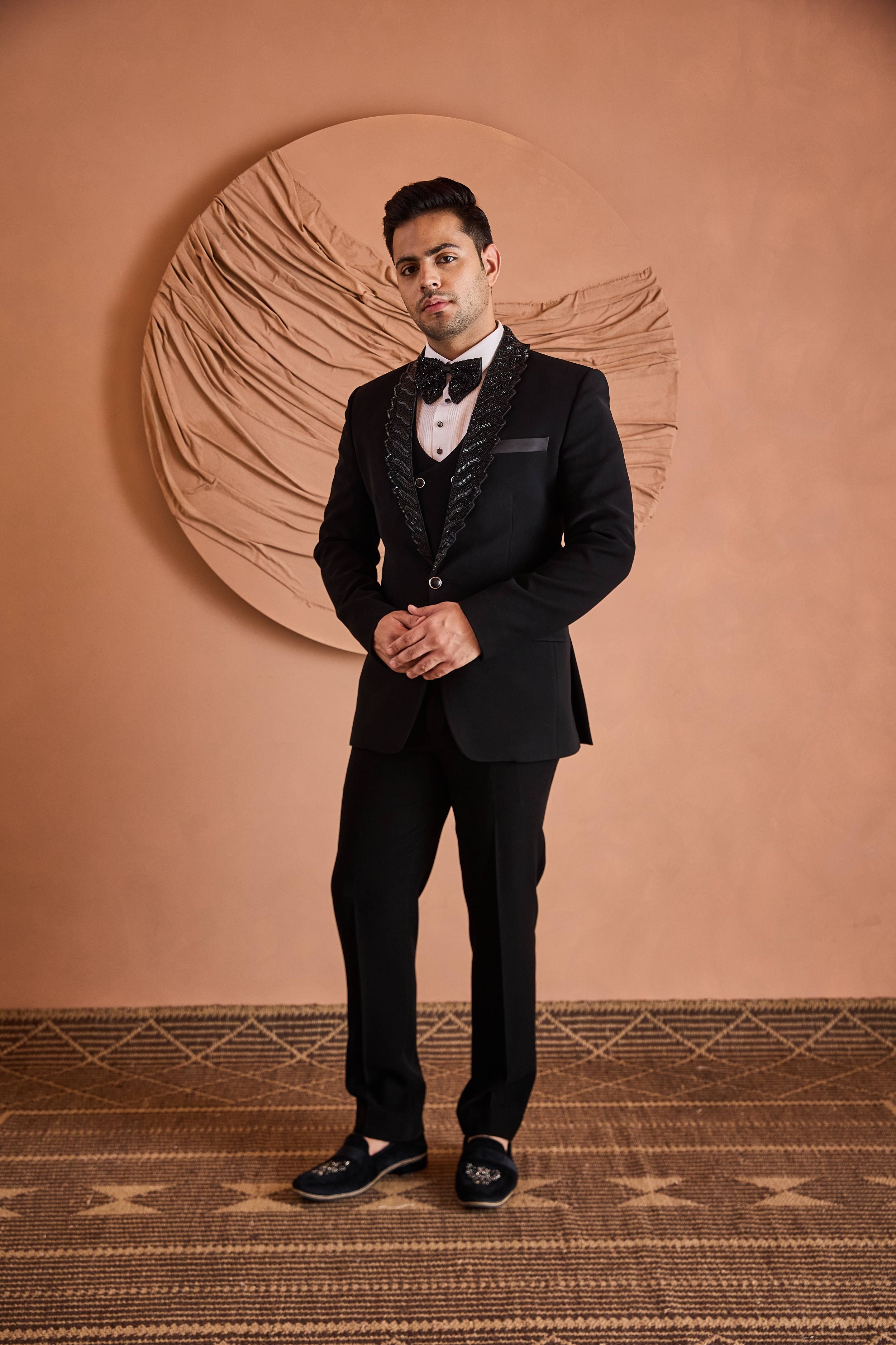 Black Cutdana And Beads Embroidery Tuxedo Set