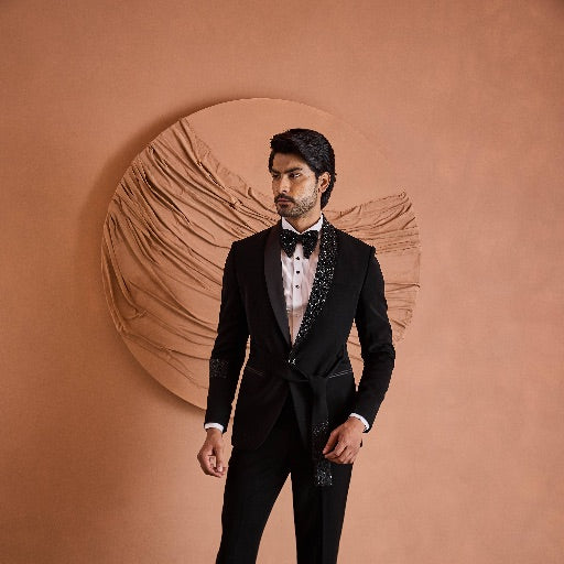 Black Cutdana Embroidery Tuxedo Set