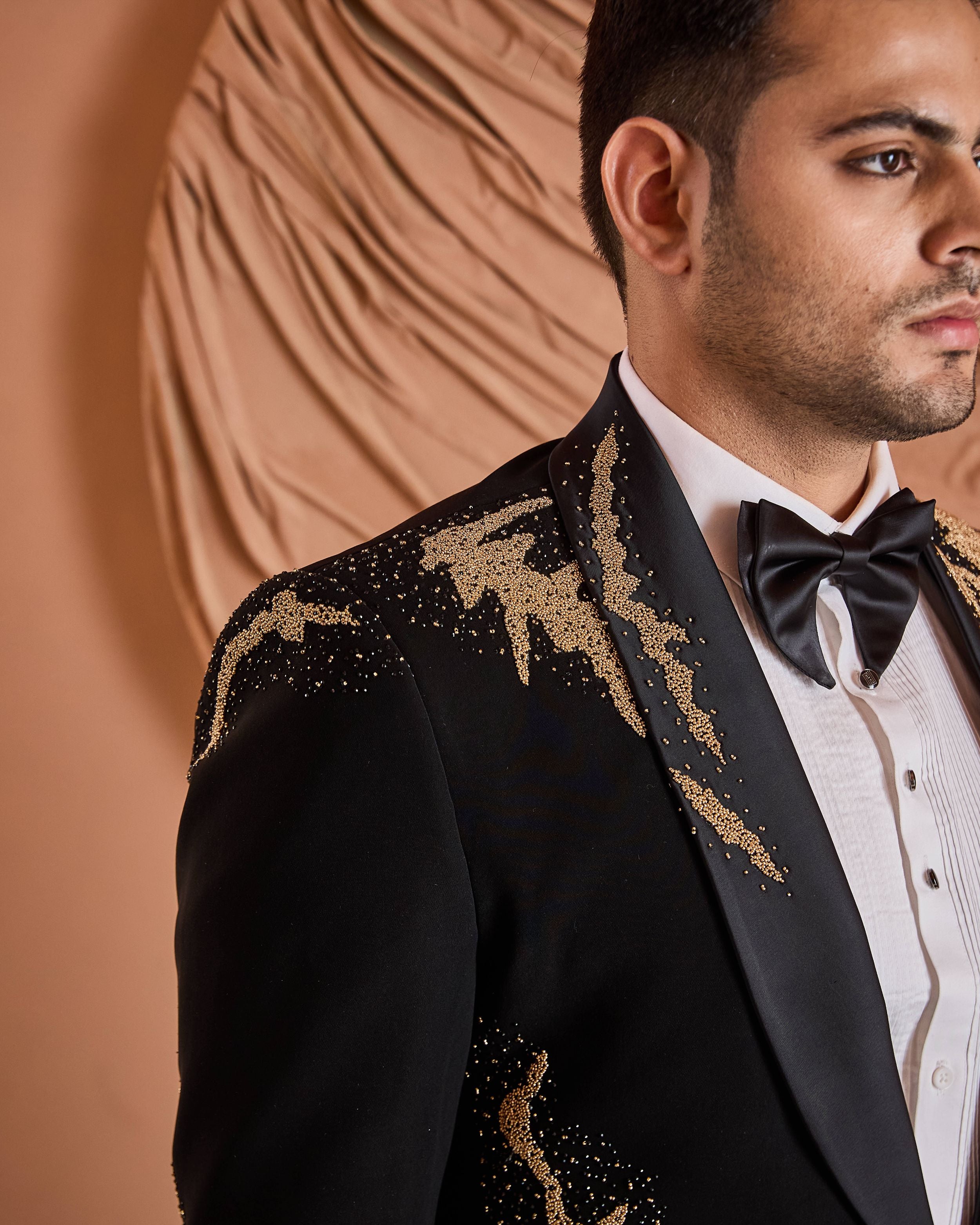 Black Cutdana Embroidery Tuxedo Set