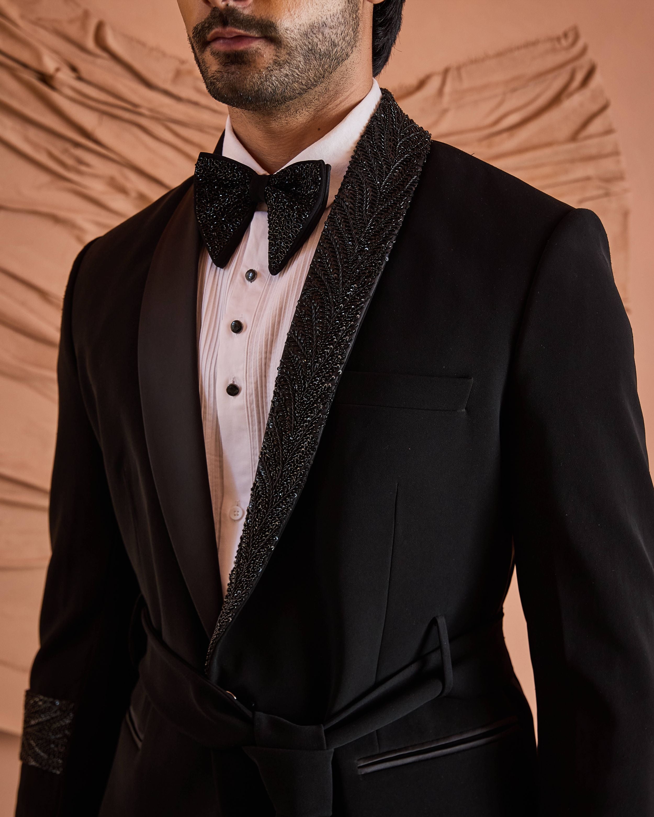 Black Cutdana Embroidery Tuxedo Set