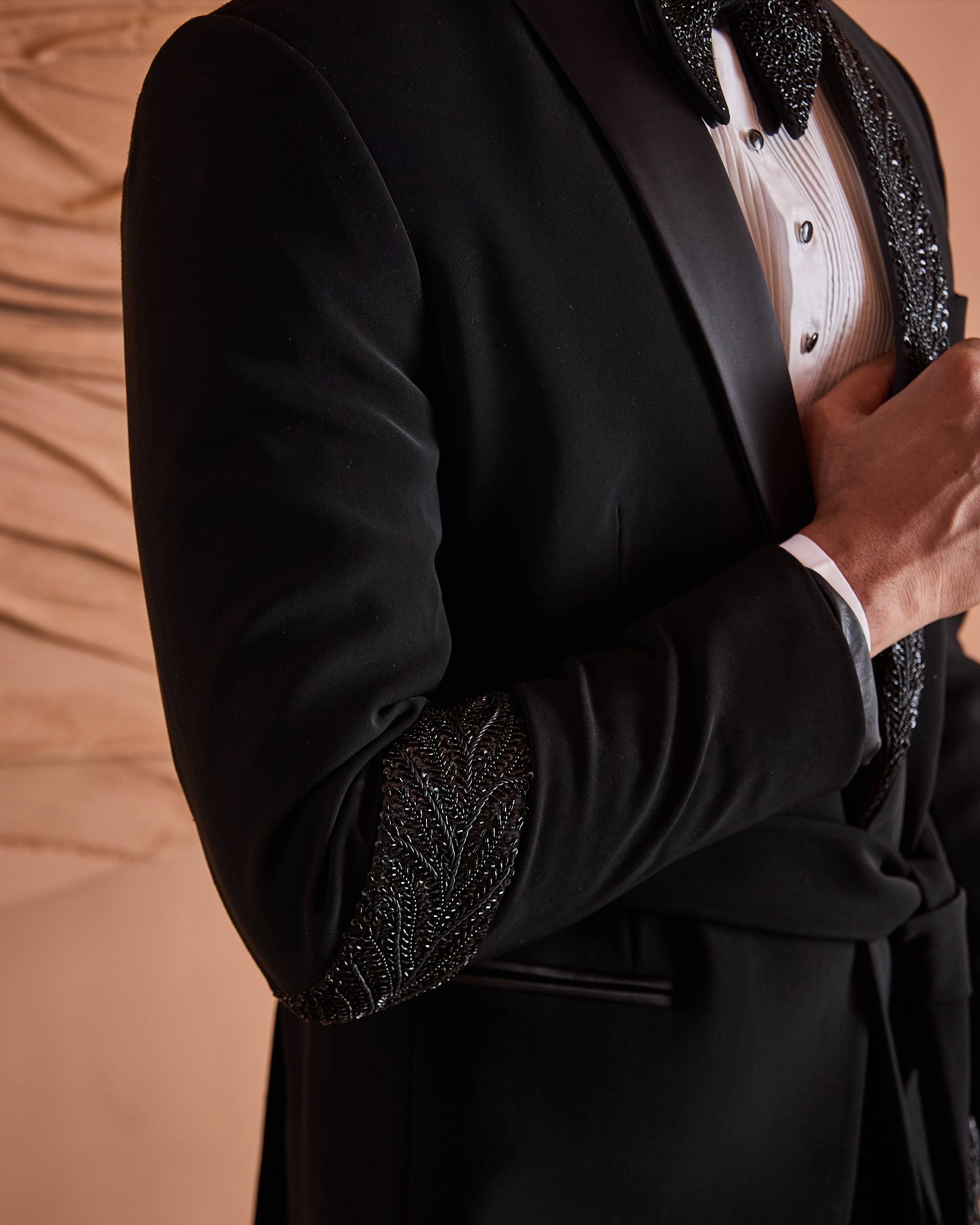 Black Cutdana Embroidery Tuxedo Set