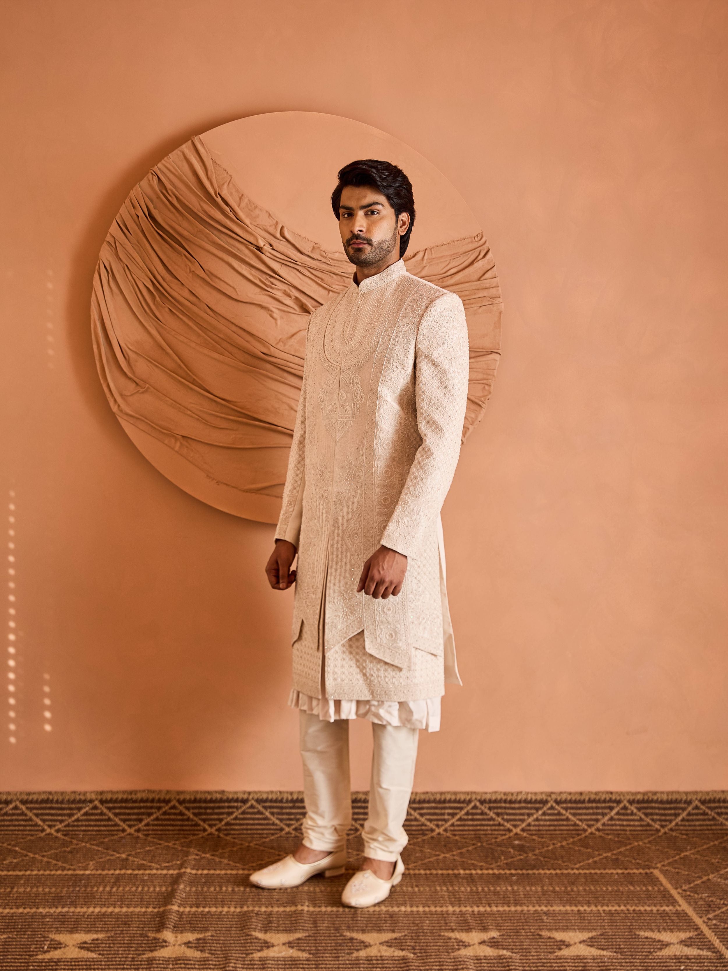 Peach Faux Layered Embroidered Sherwani