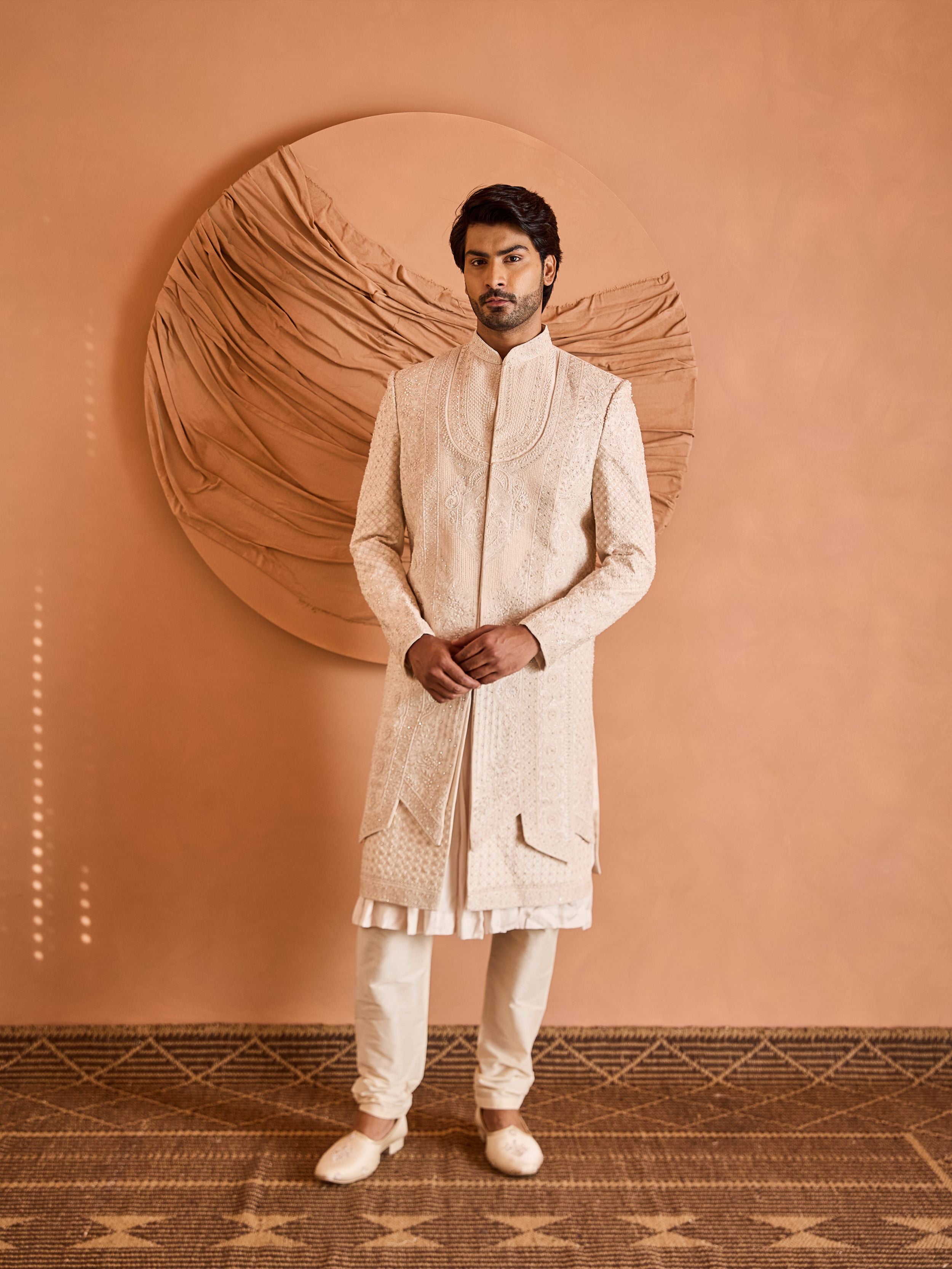Peach Faux Layered Embroidered Sherwani