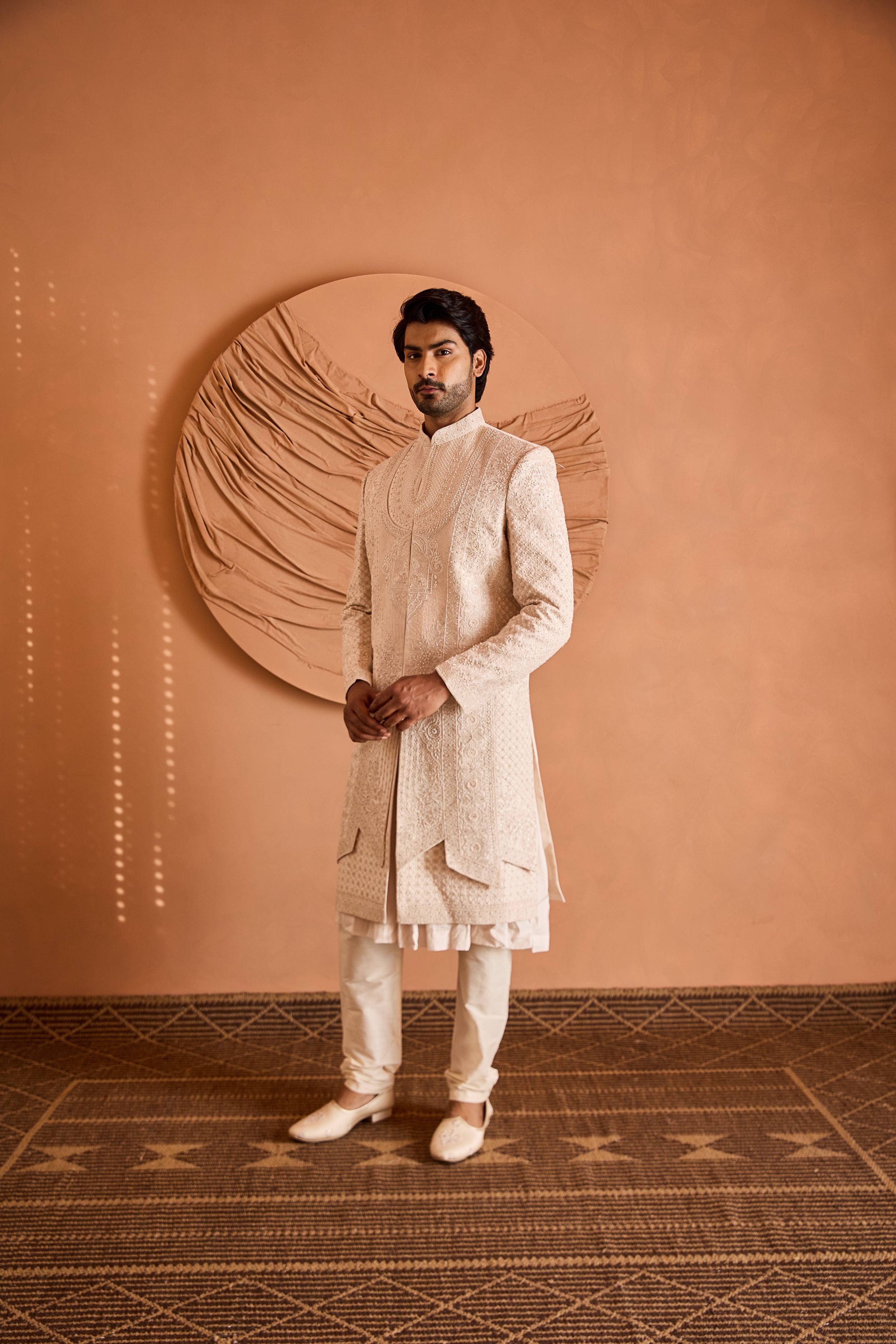 Peach Faux Layered Embroidered Sherwani
