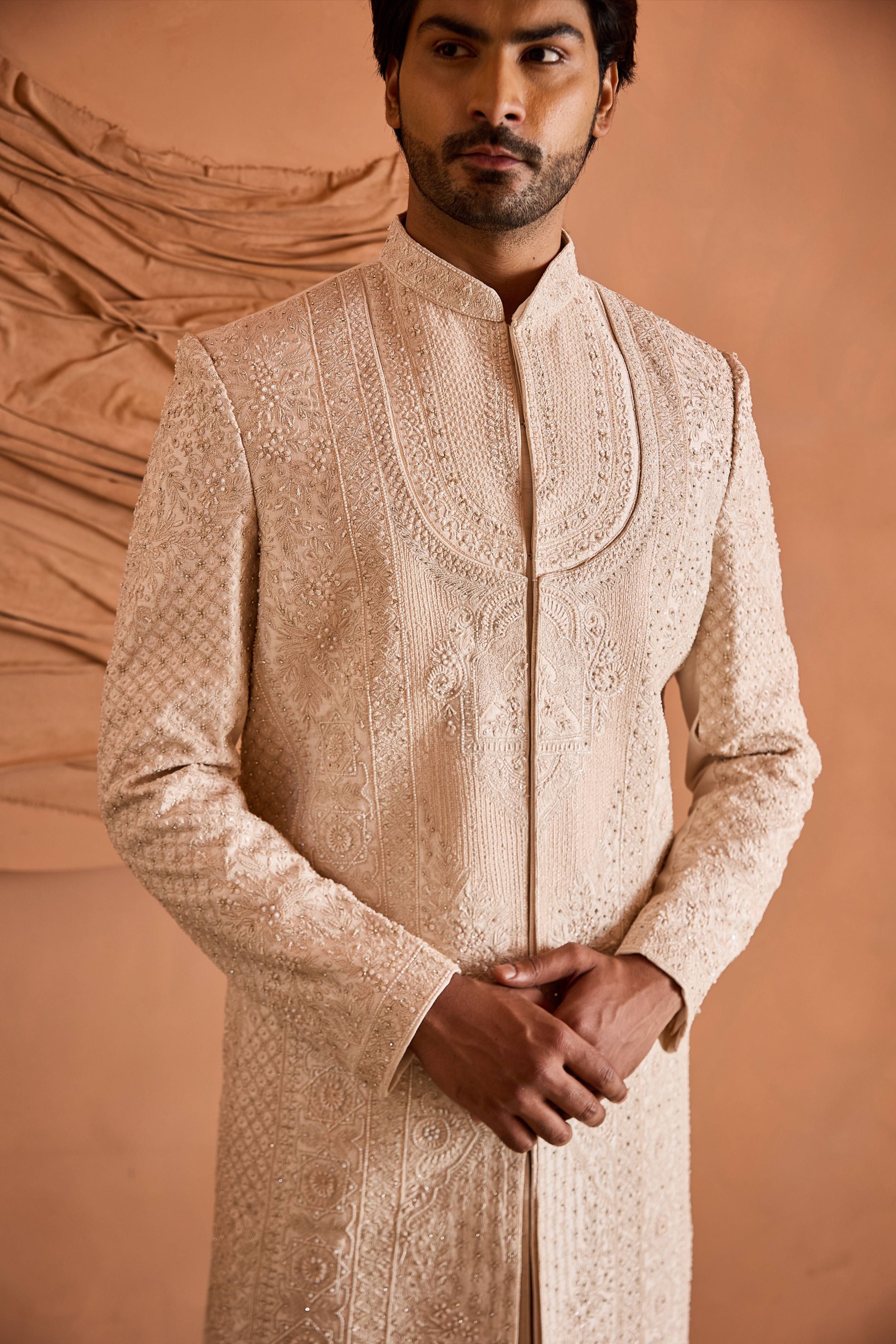 Peach Faux Layered Embroidered Sherwani