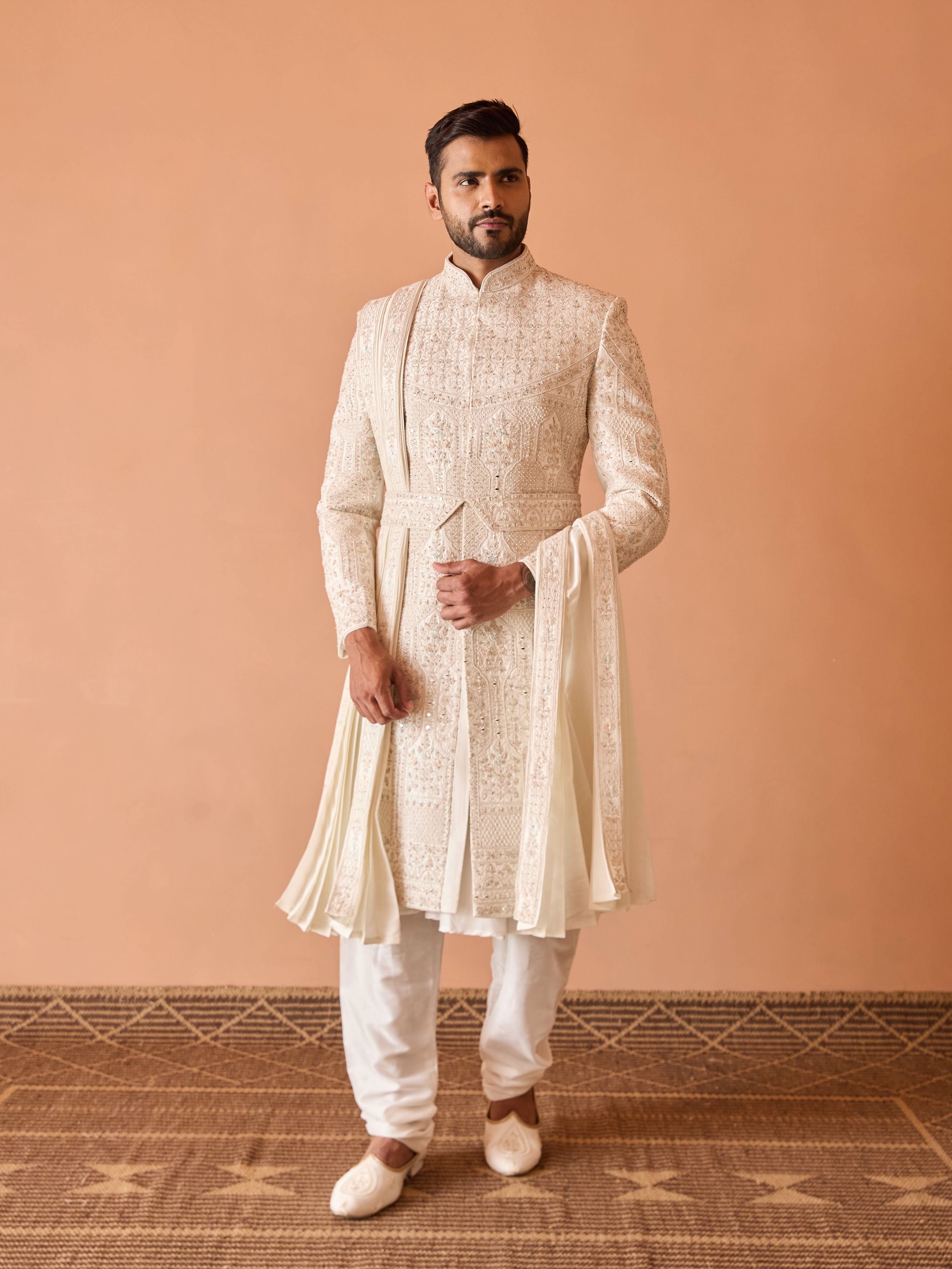 Ivory Embroidered Sherwani in Thread and Pearl work