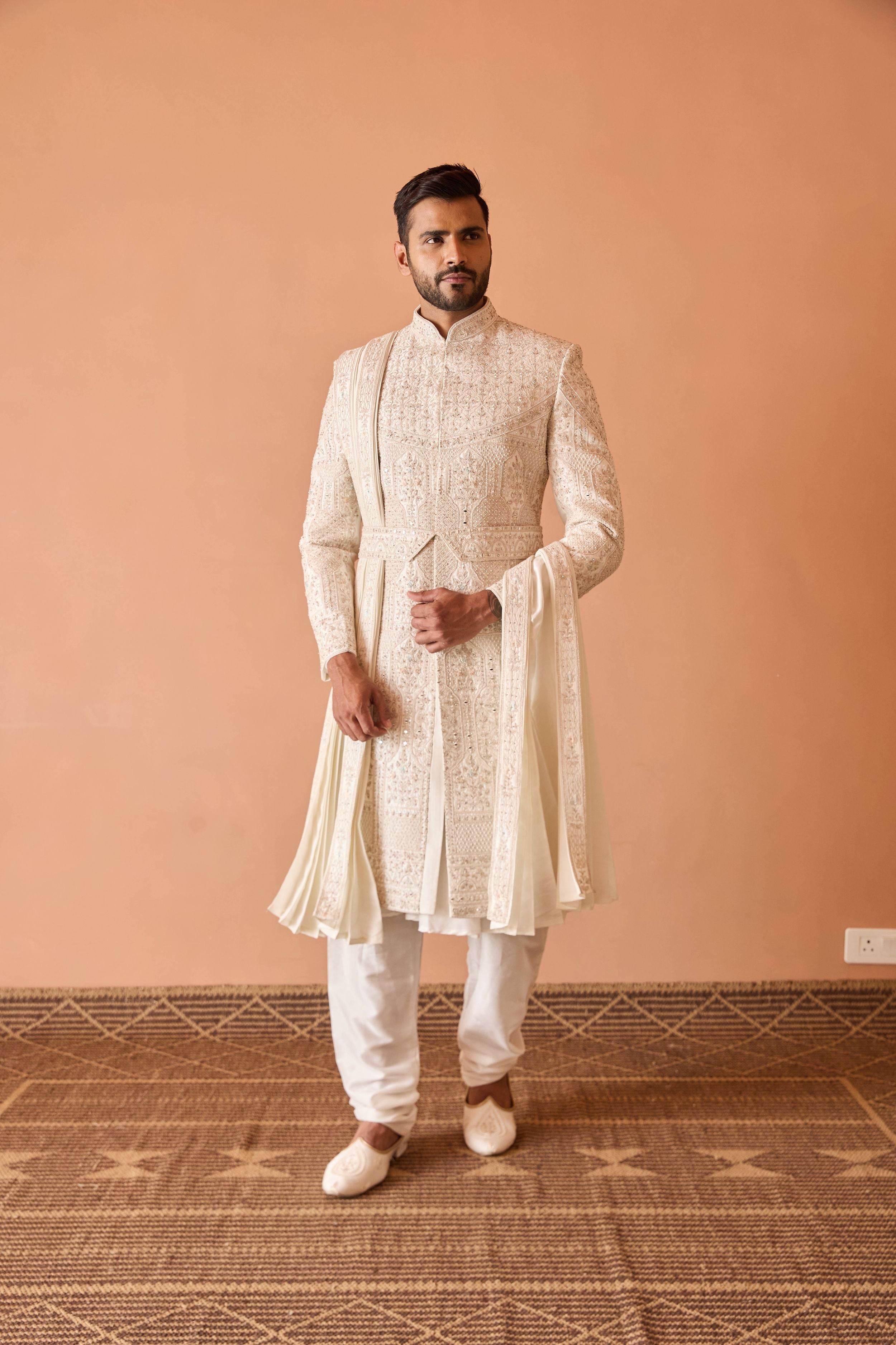Ivory Embroidered Sherwani in Thread and Pearl work