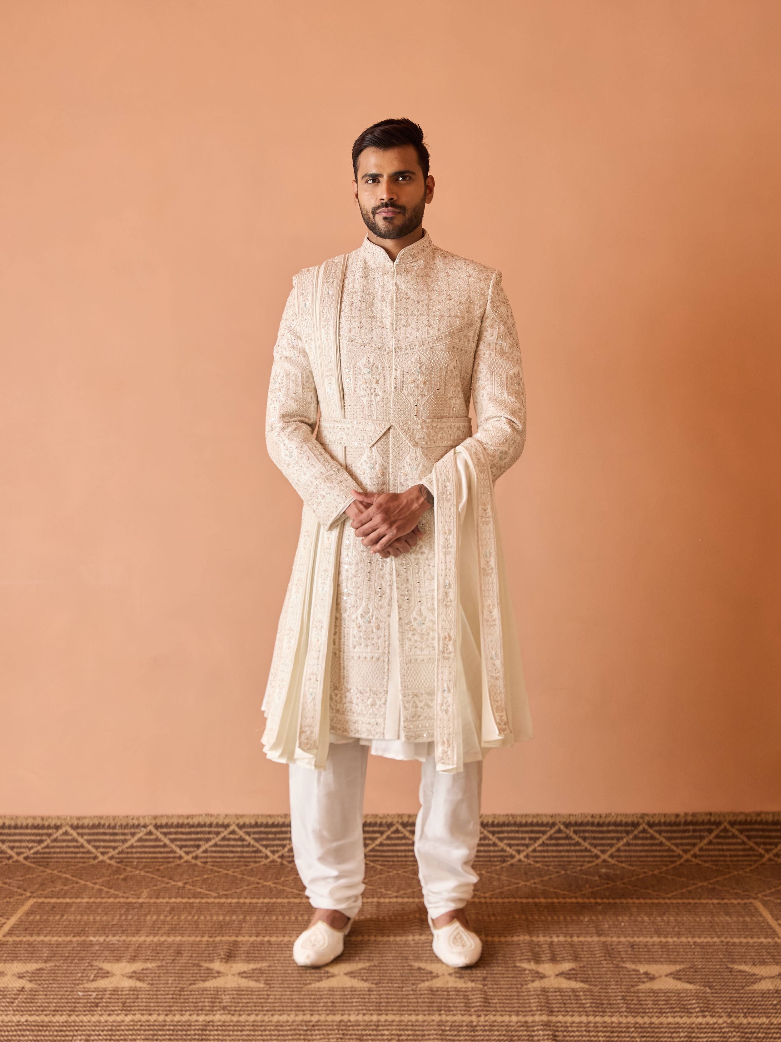 Ivory Embroidered Sherwani in Thread and Pearl work