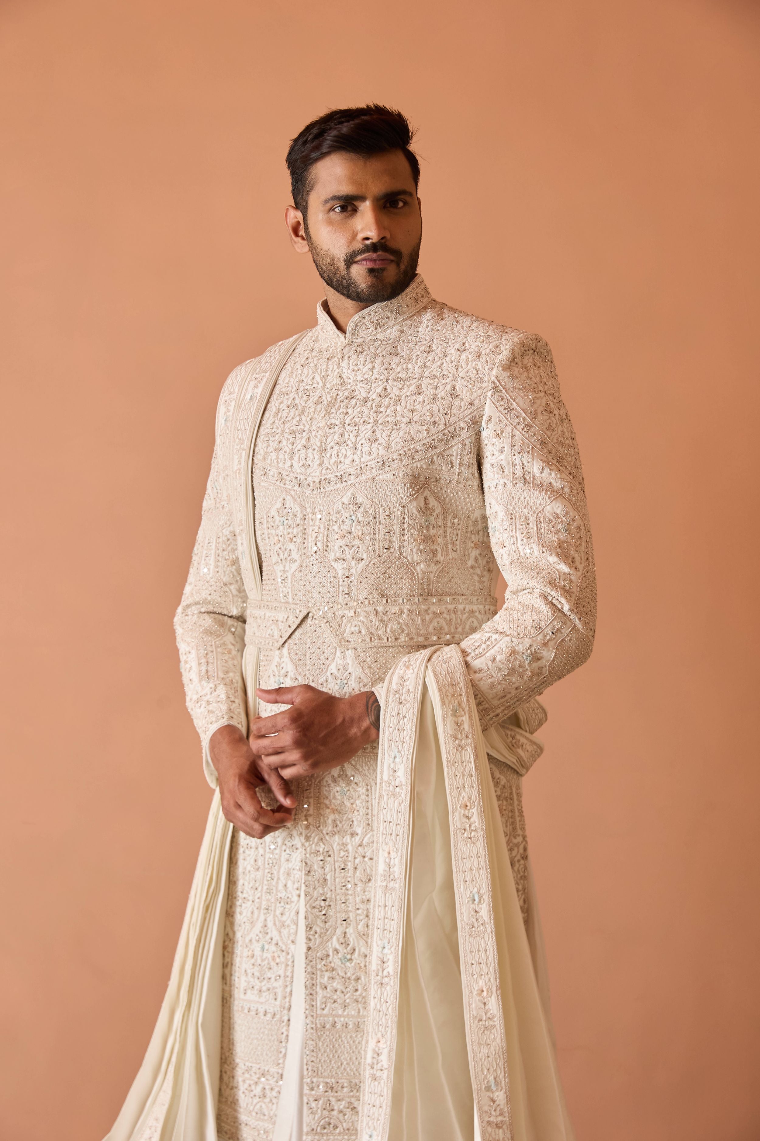 Ivory Embroidered Sherwani in Thread and Pearl work