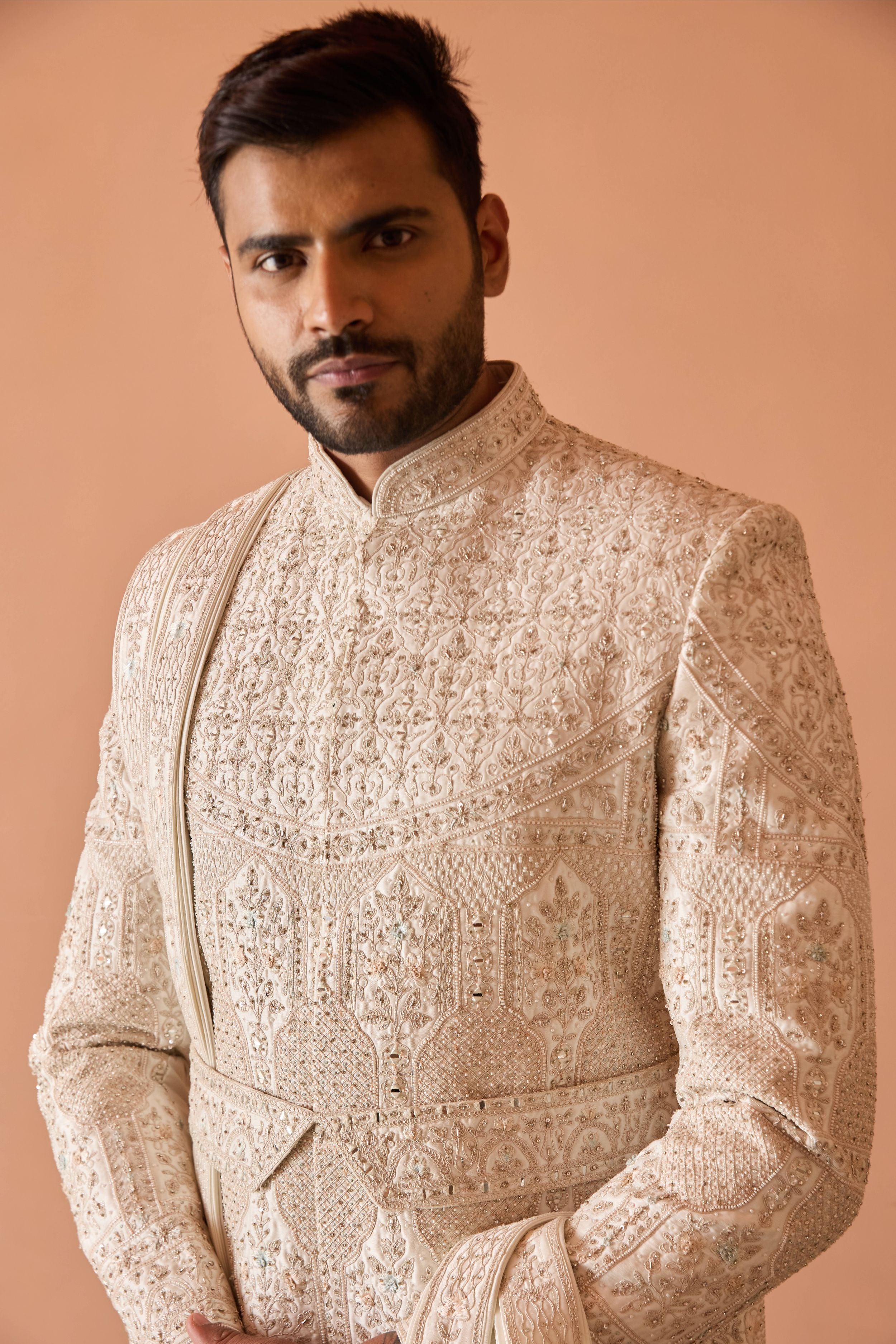 Ivory Embroidered Sherwani in Thread and Pearl work