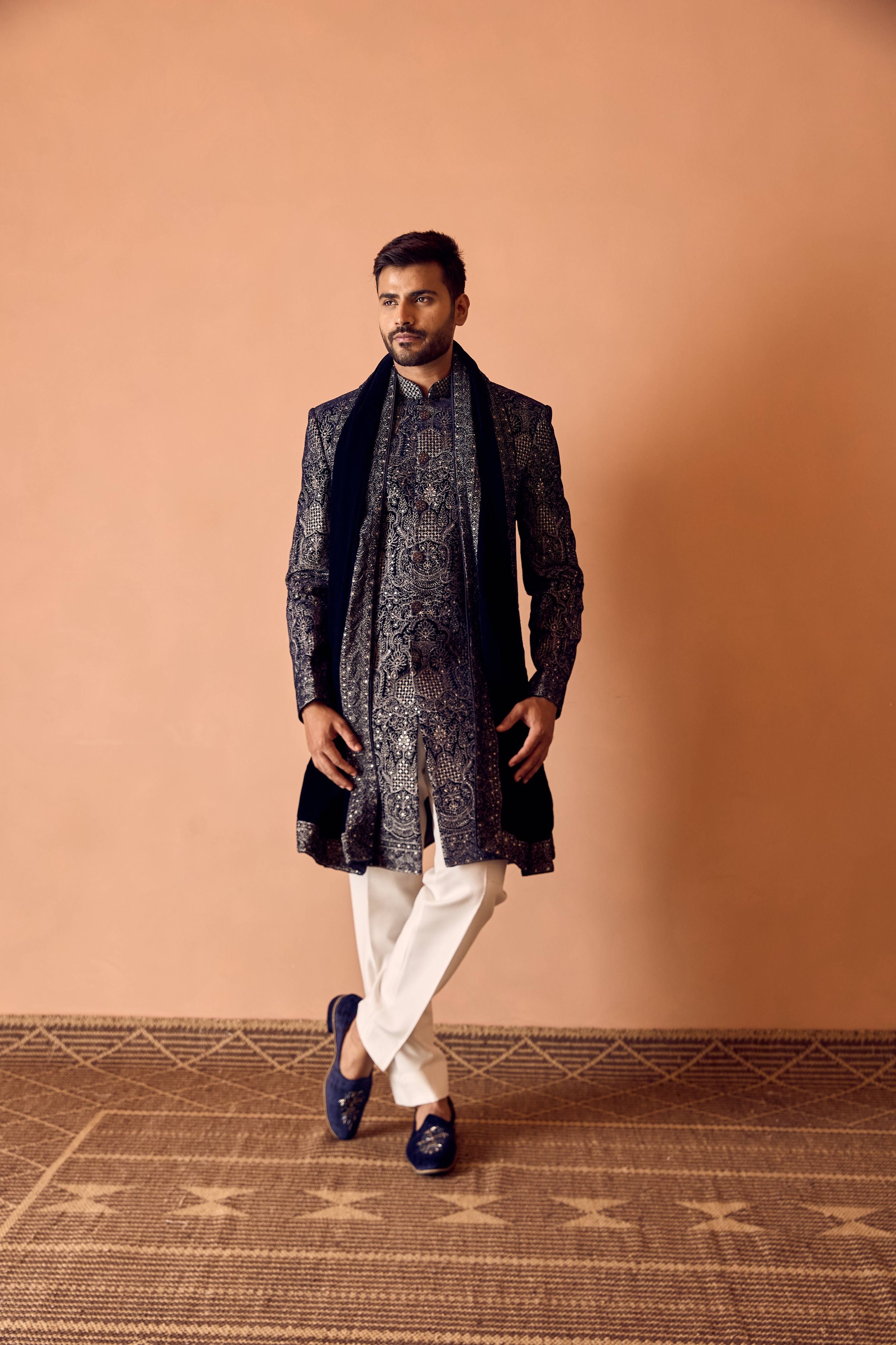 Blue Indo-Western With Beads & Metallic Thread Work