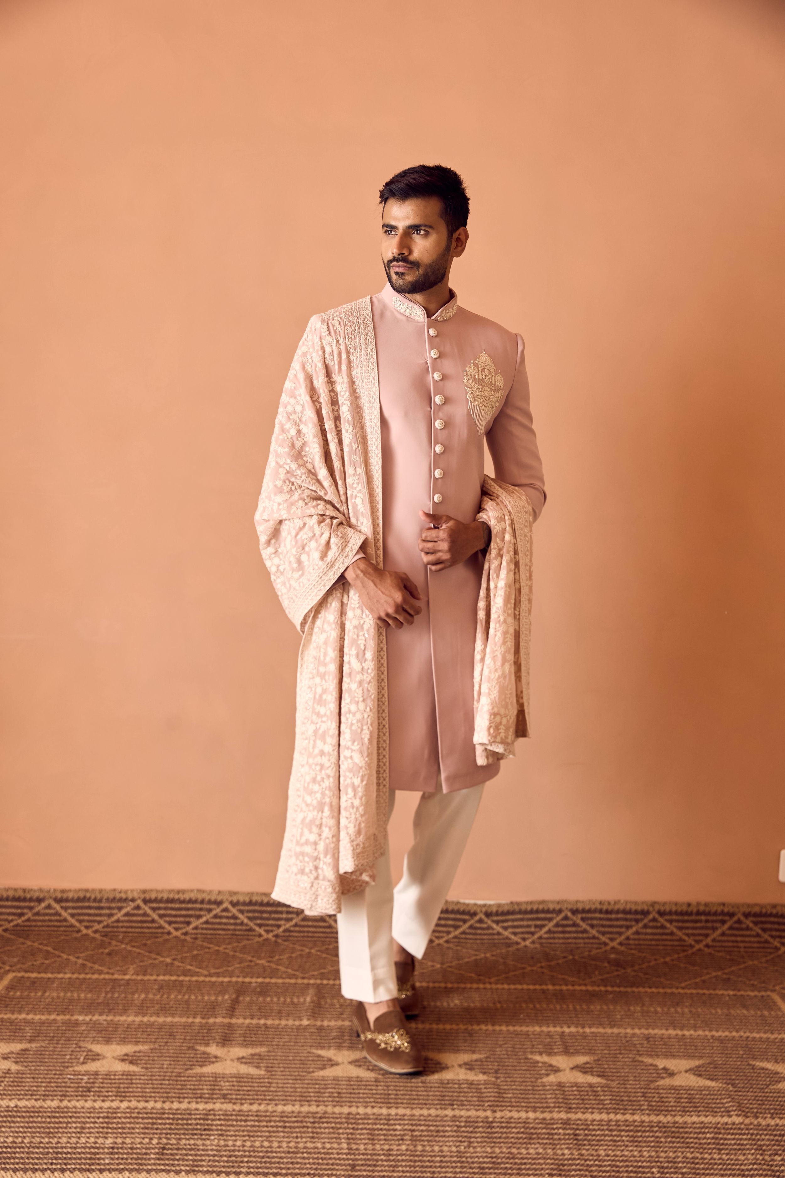 Light Pink Embroidered Indo-Western In Thread Work With Beads Highlights