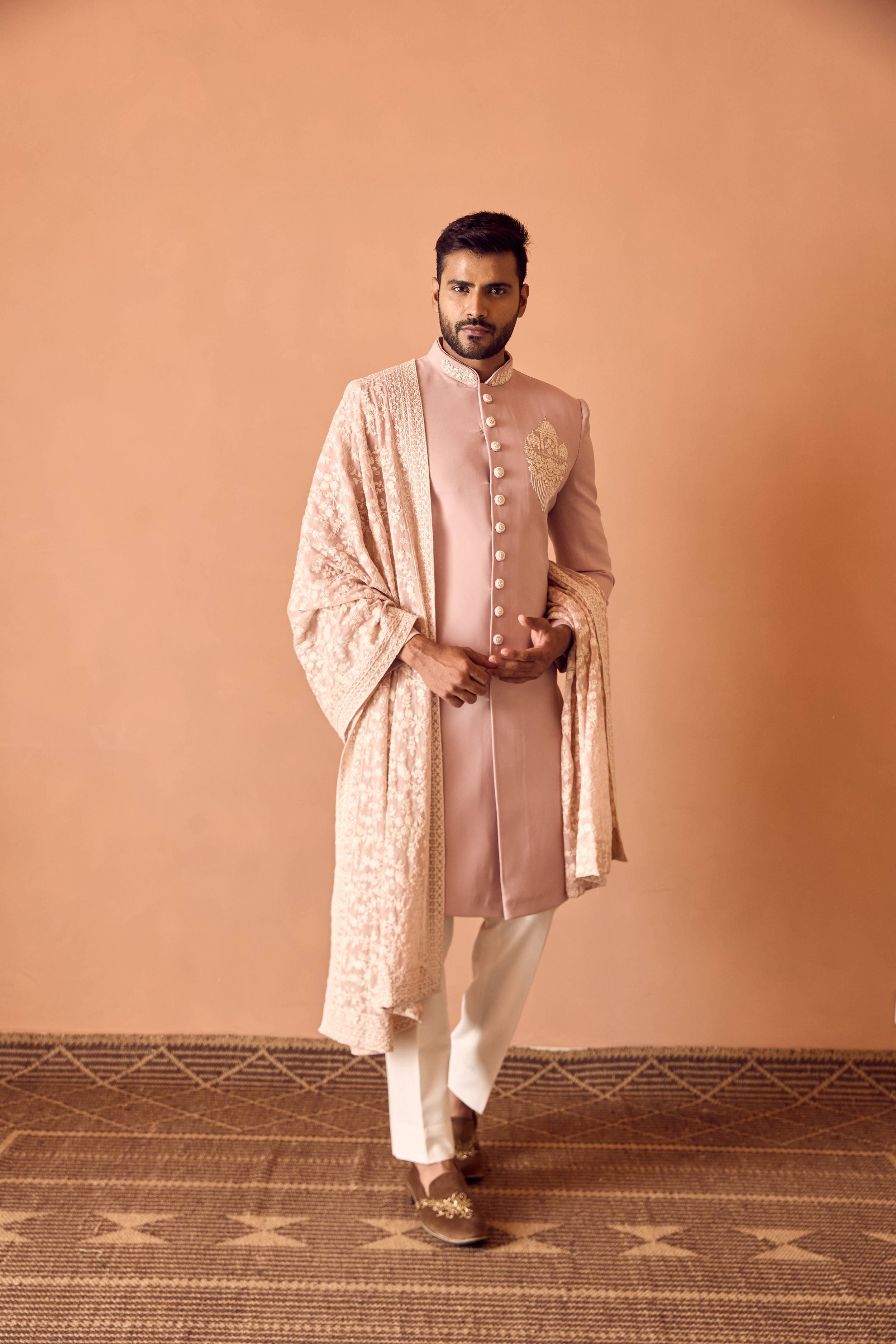 Light Pink Embroidered Indo-Western In Thread Work With Beads Highlights