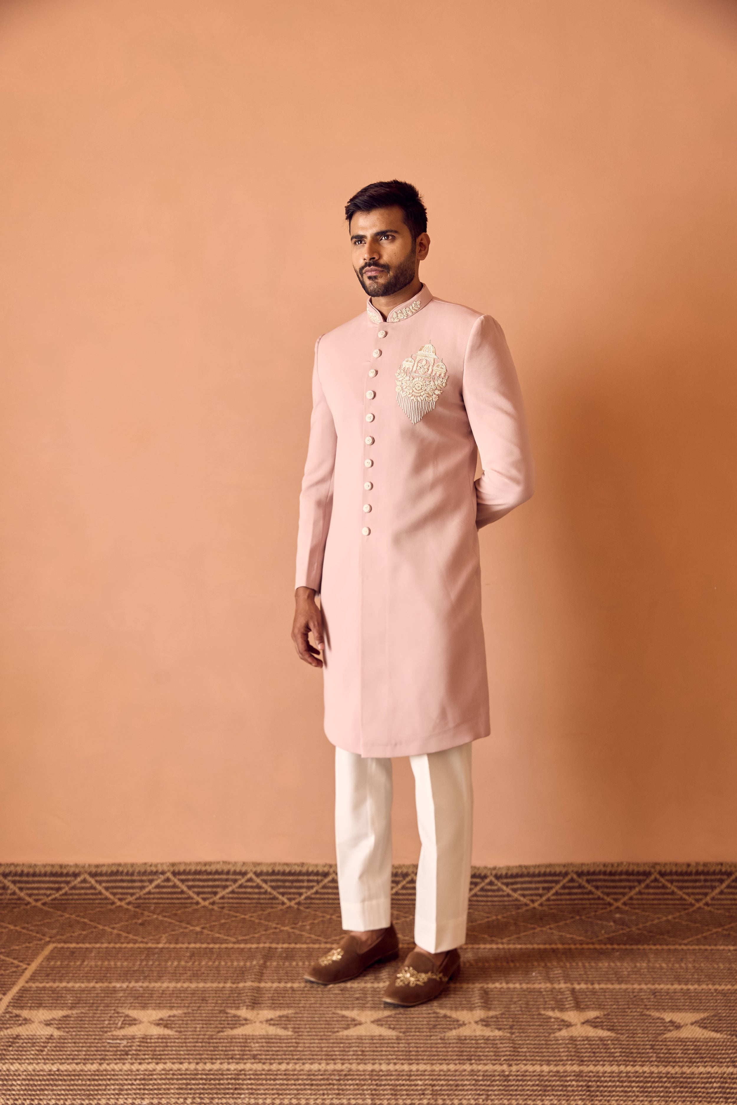 Light Pink Embroidered Indo-Western In Thread Work With Beads Highlights