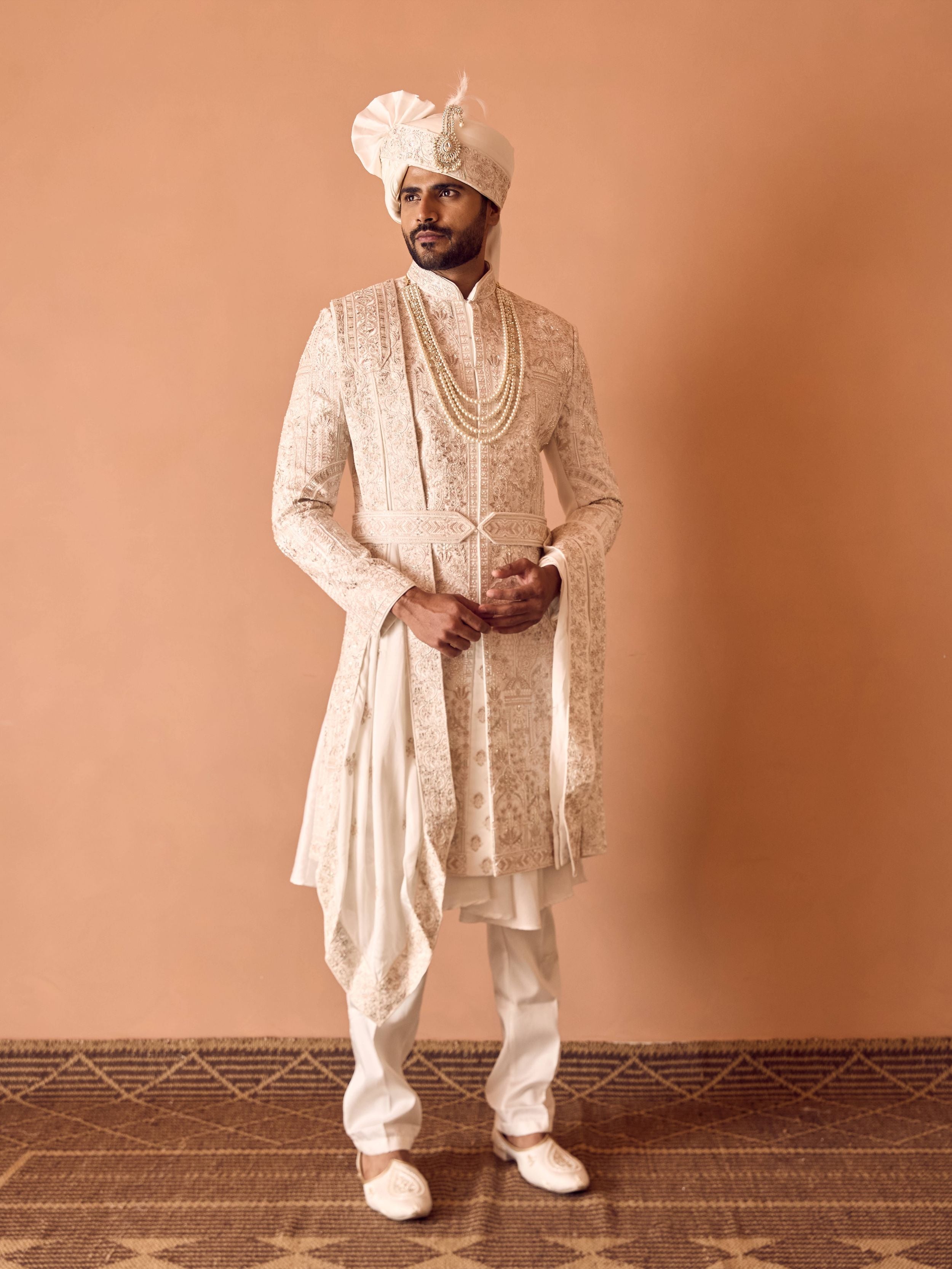 Ivory Resam and Moti Hand Embroidered Sherwani