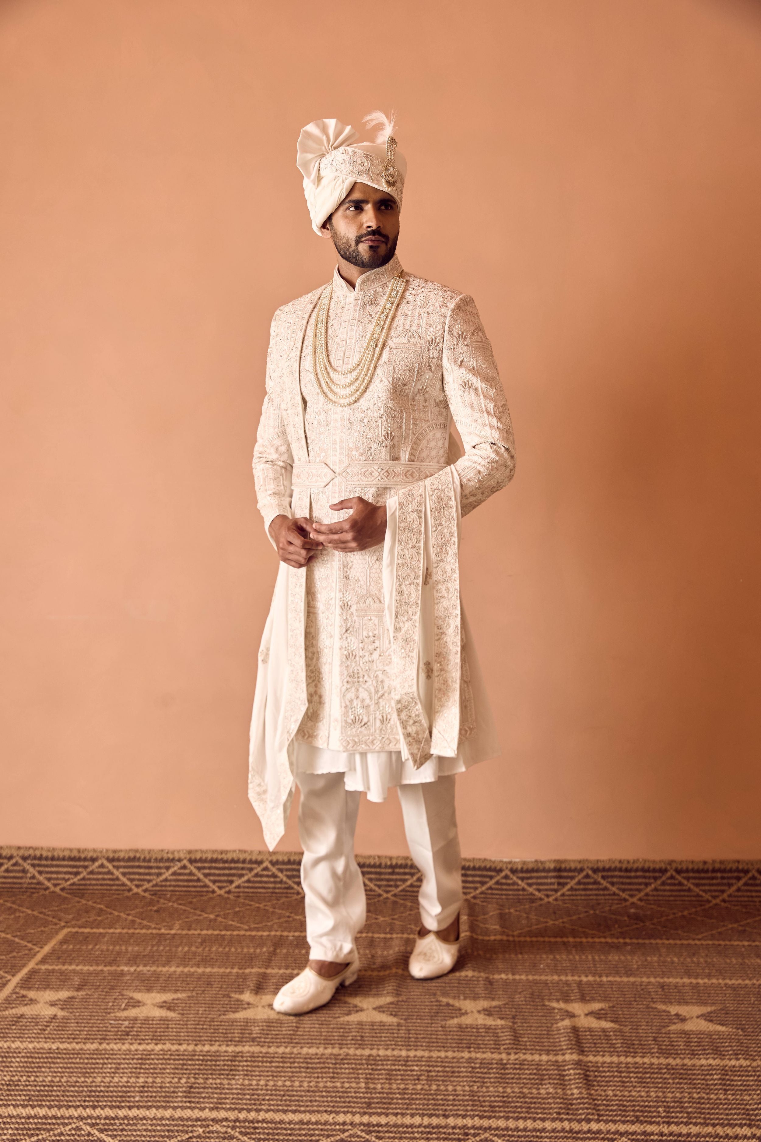 Ivory Resam and Moti Hand Embroidered Sherwani