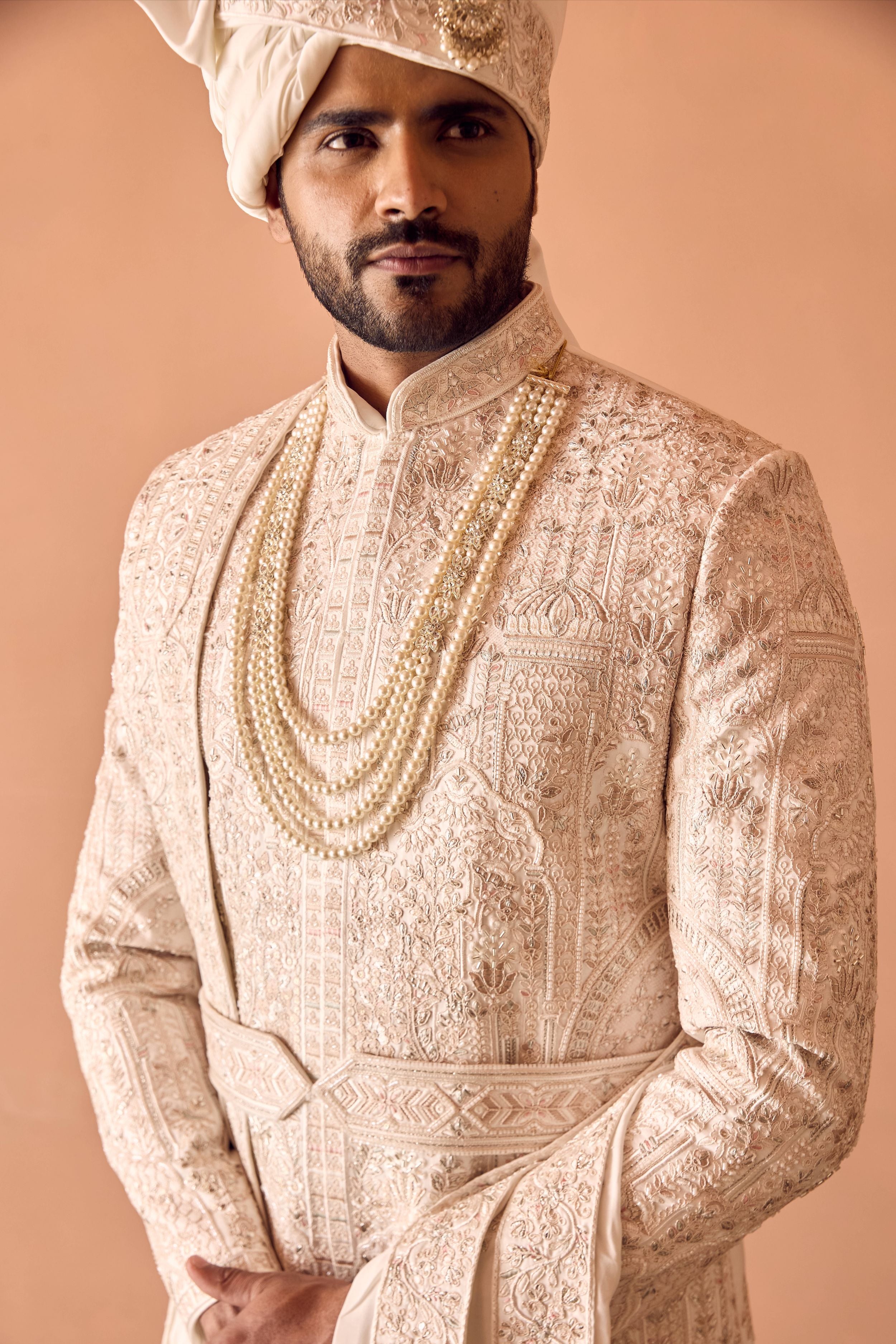 Ivory Resam and Moti Hand Embroidered Sherwani