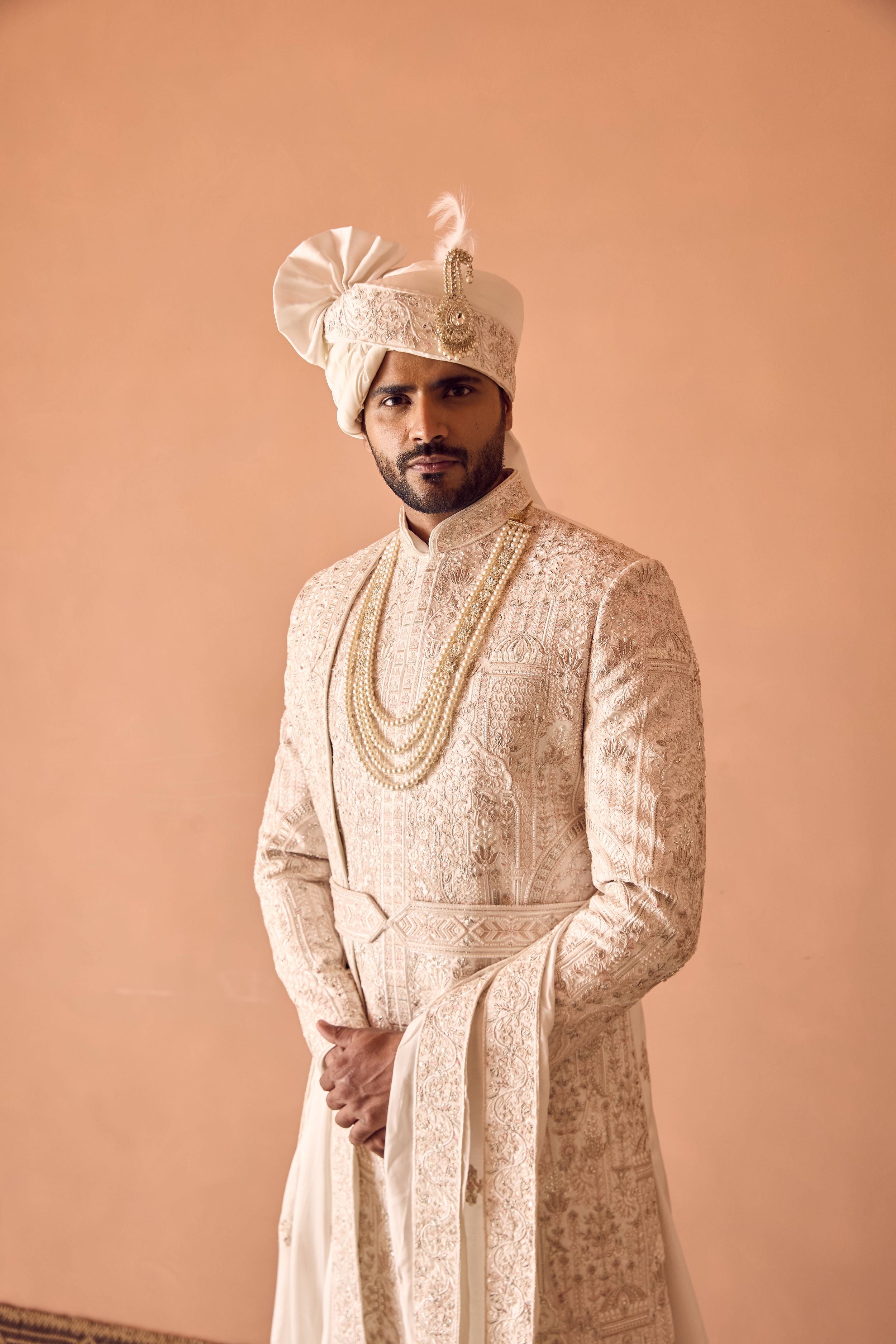 Ivory Resam and Moti Hand Embroidered Sherwani