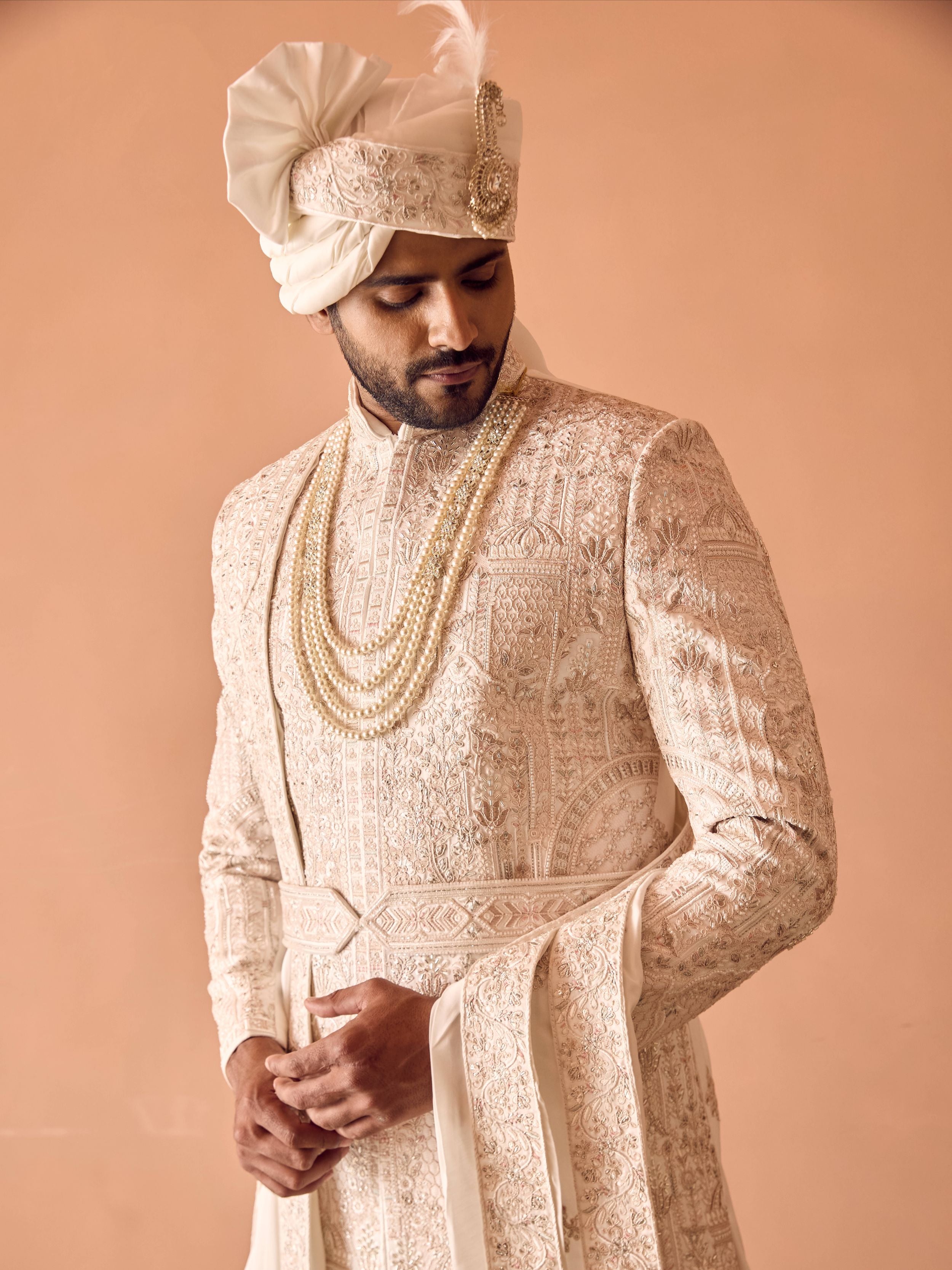 Ivory Resam and Moti Hand Embroidered Sherwani